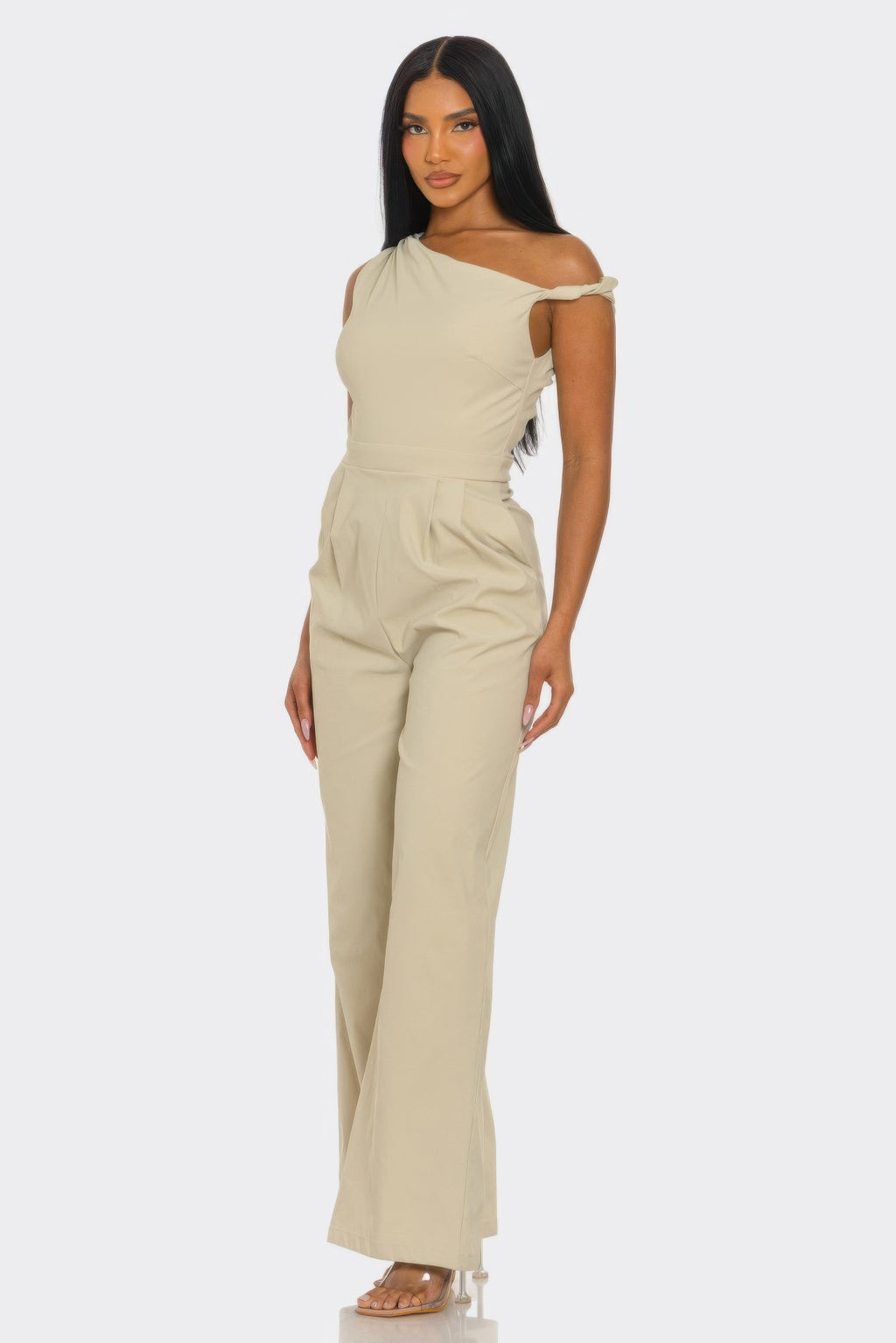 Stone one-shoulder jumpsuit with wide-leg pants and tie shoulder detail
