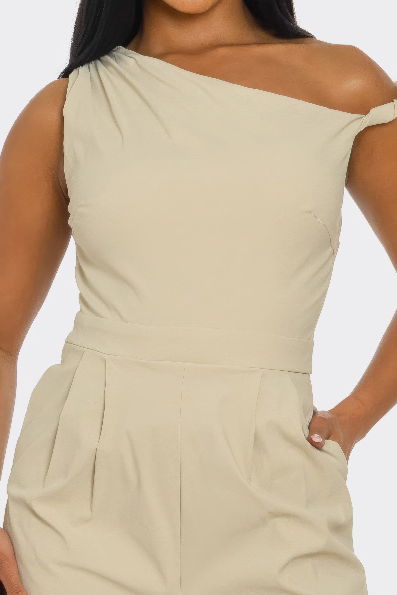 Stone one-shoulder jumpsuit bodice with fitted seams and gathered waist