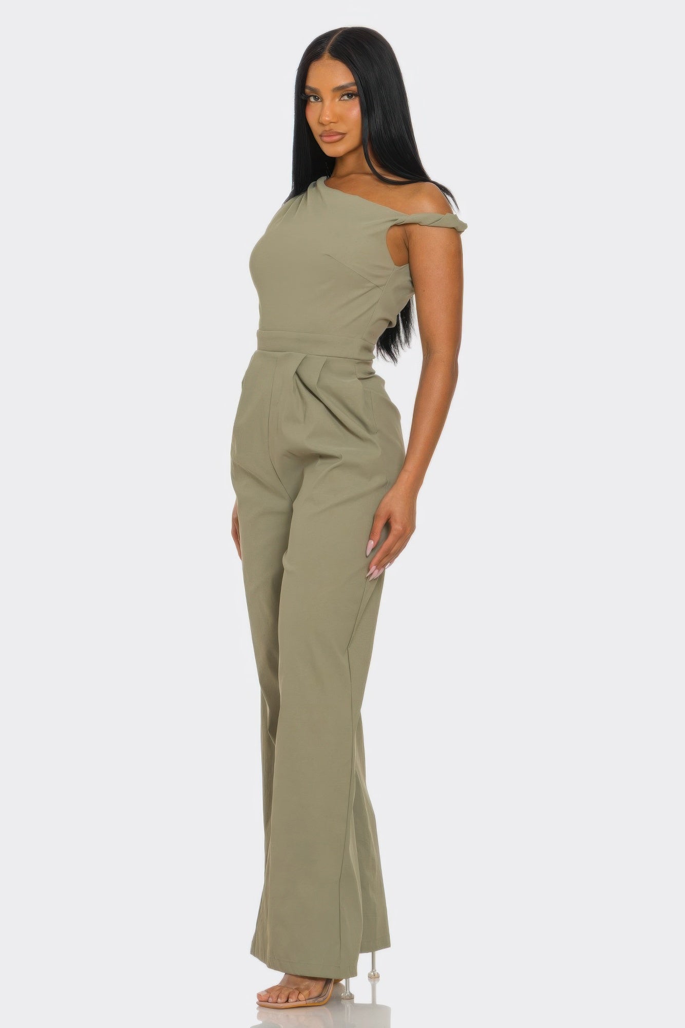 Khaki one-shoulder jumpsuit with wide-leg pants and tied shoulder
