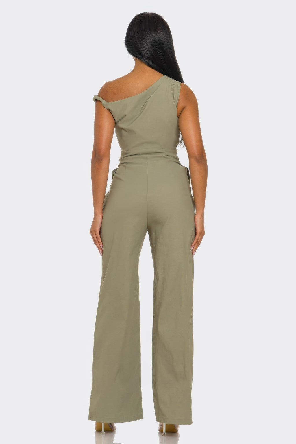 Khaki one-shoulder jumpsuit back view with draped strap and wide legs
