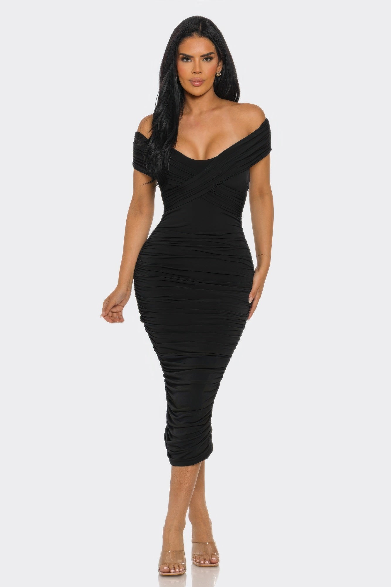 Elysian Drap Black ruched off-shoulder bodycon midi dress