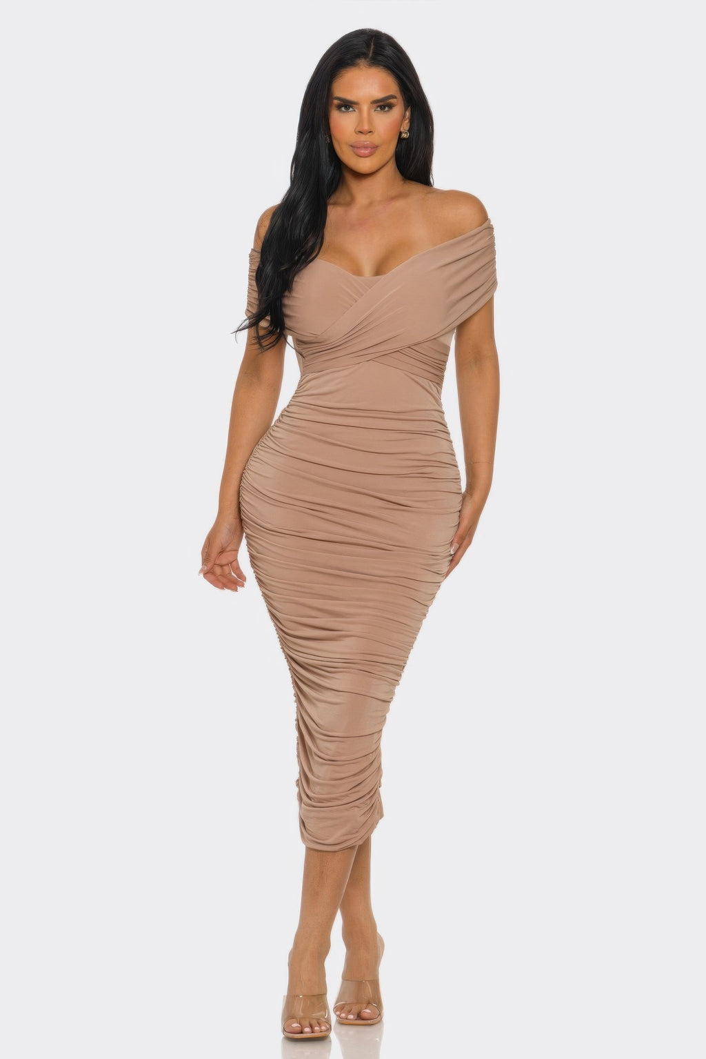 Elysian Drap Mocha ruched off-shoulder bodycon midi dress