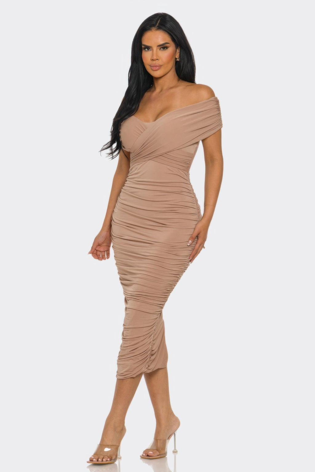 Elysian Drap Mocha off-shoulder draped ruched midi dress, side view