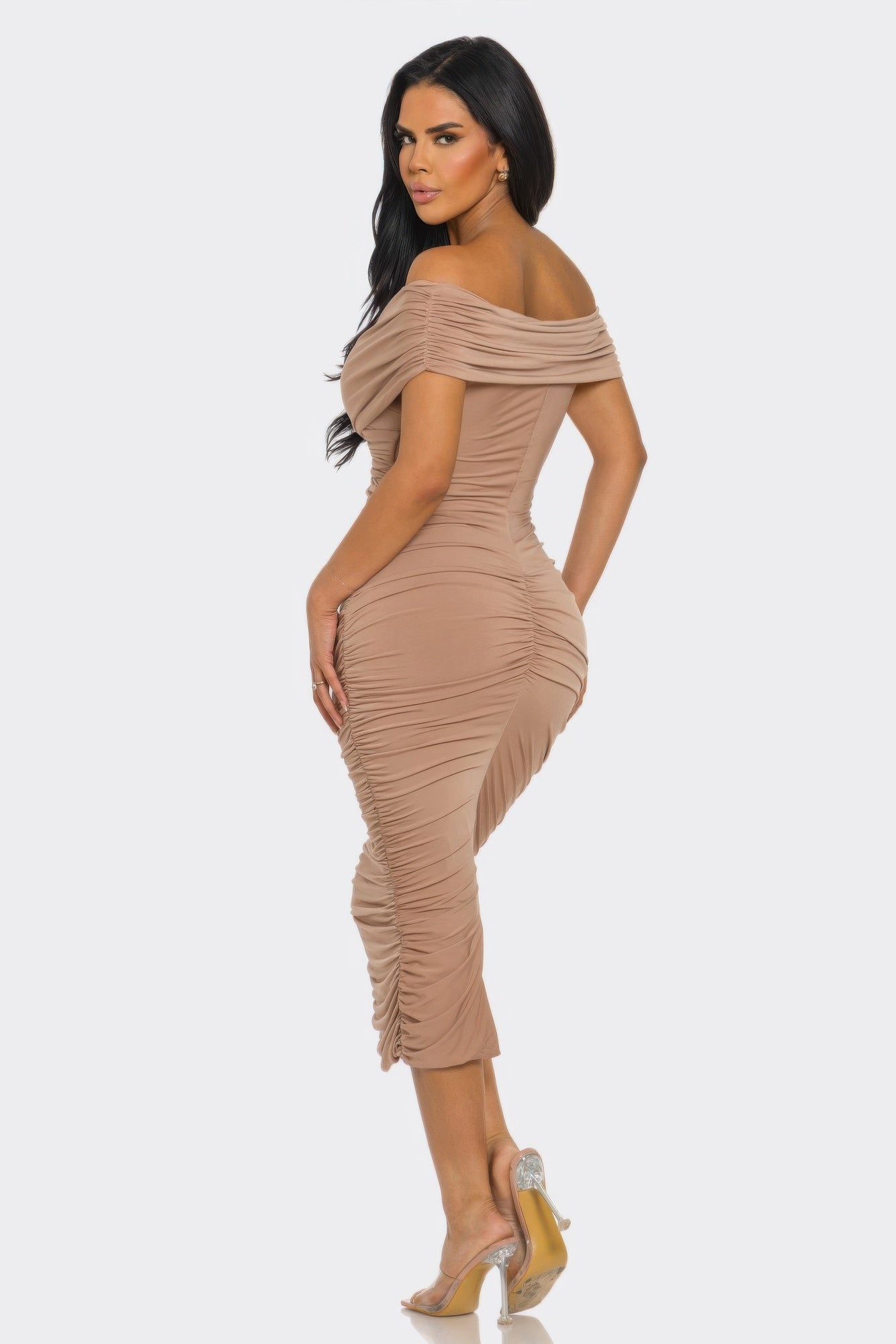 Elysian Drap Mocha off-shoulder draped bodycon midi dress, side profile