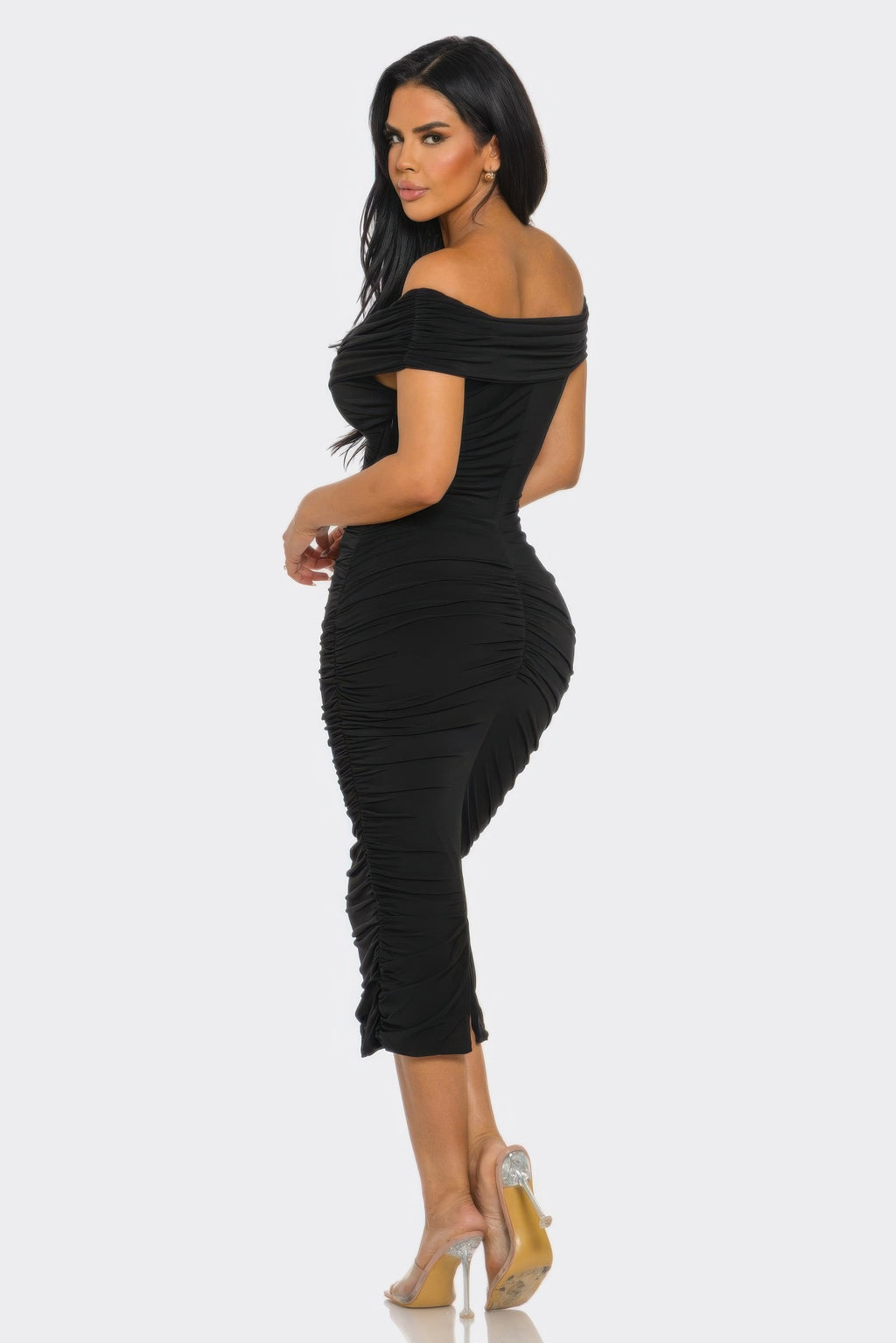 Elysian Drap Black off-shoulder draped ruched midi dress, side angle