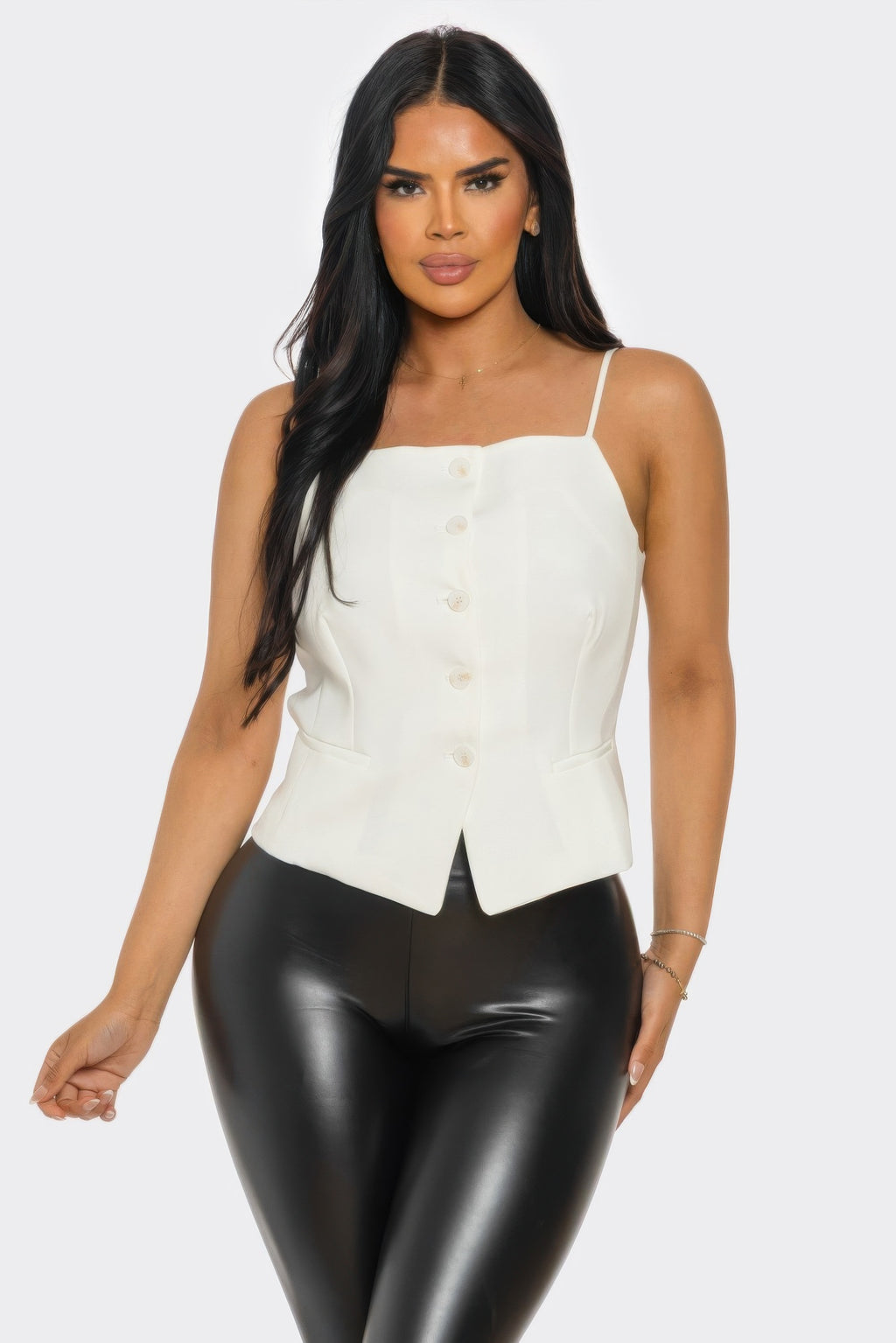 Off-white button-up corset camisole top with thin straps and front buttons