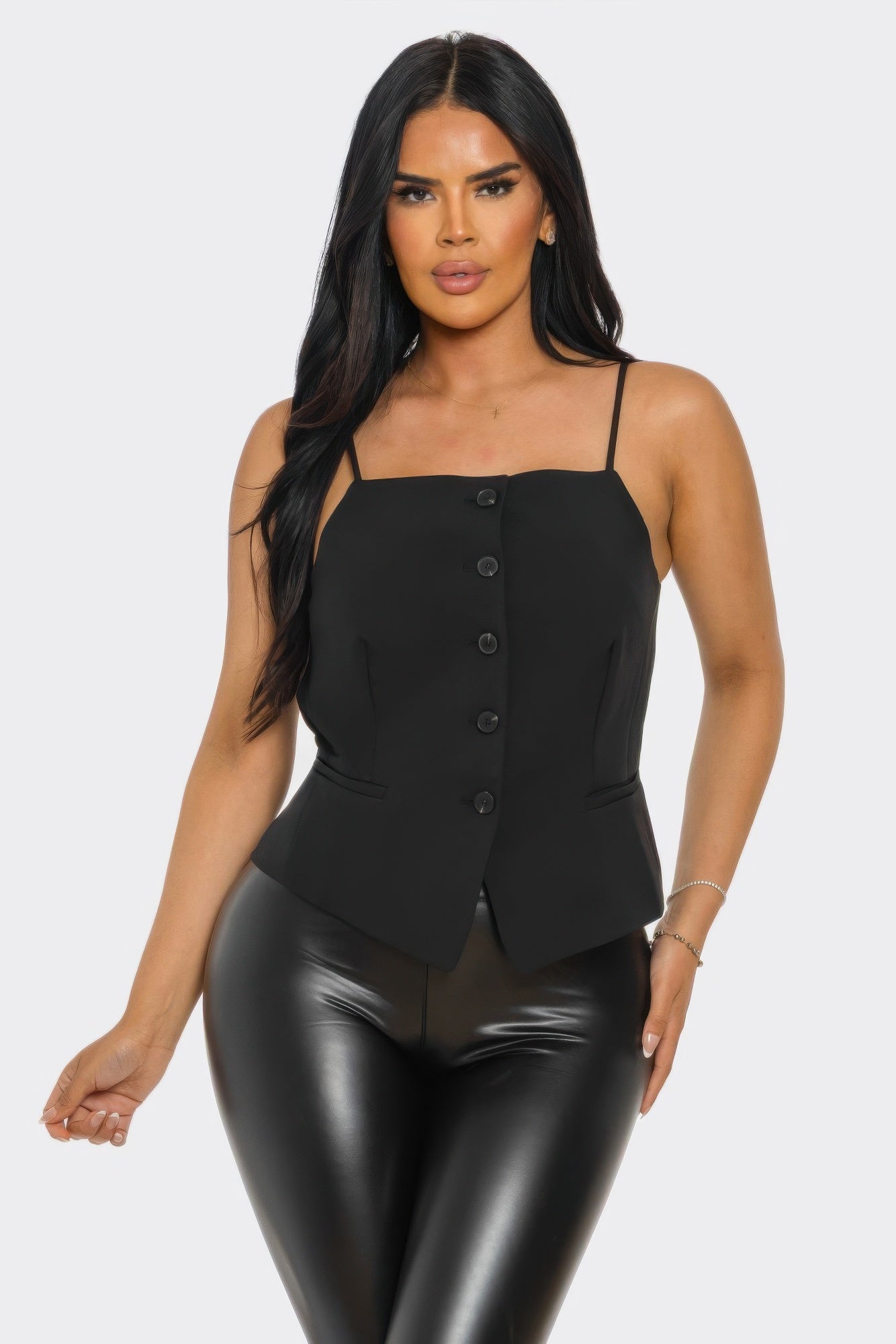 Black button-up corset camisole top with thin straps and front buttons
