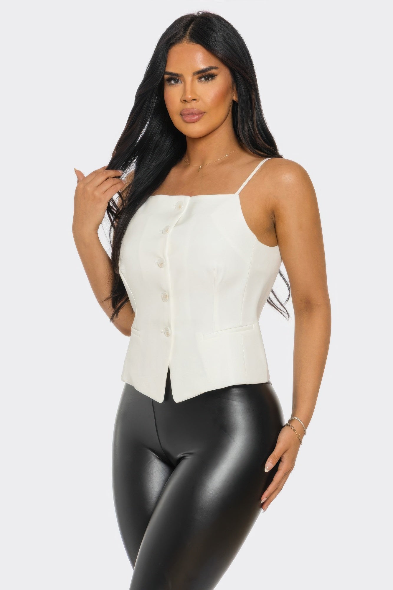 Ivory off-white corset button-front peplum top with spaghetti straps
