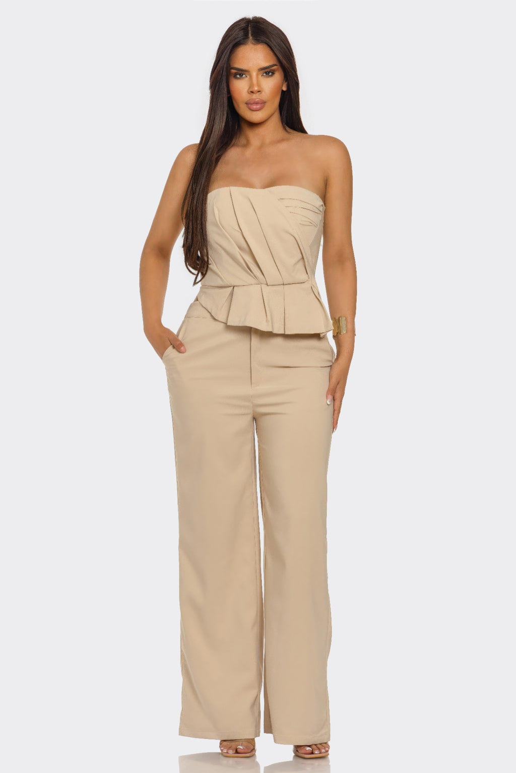 Taupe two-piece set: strapless peplum top with wide-leg pants