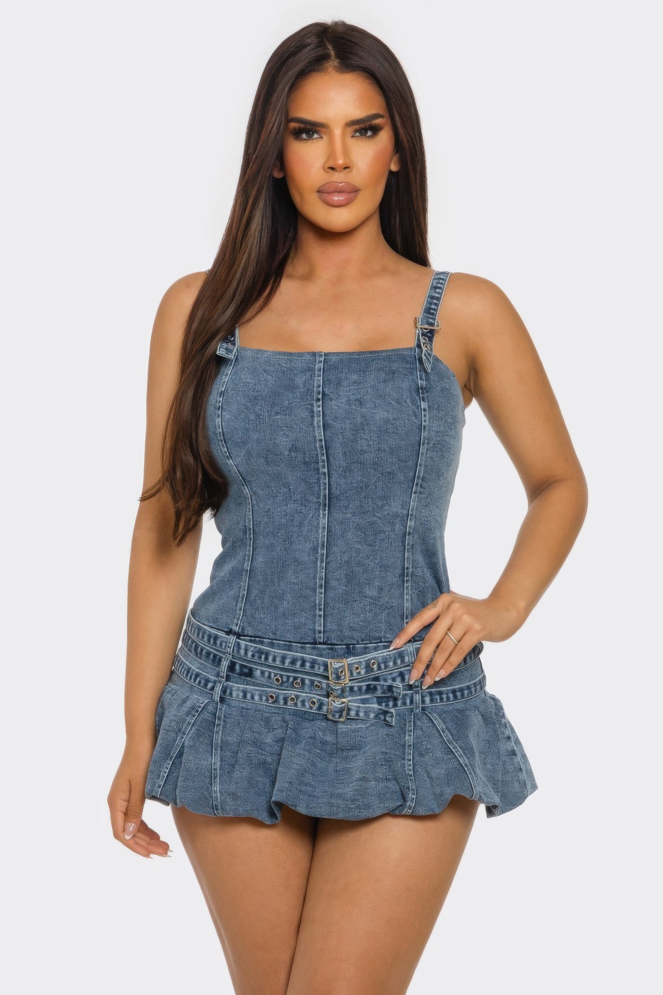 Belted denim mini romper dress, blue wash, square neckline and adjustable straps