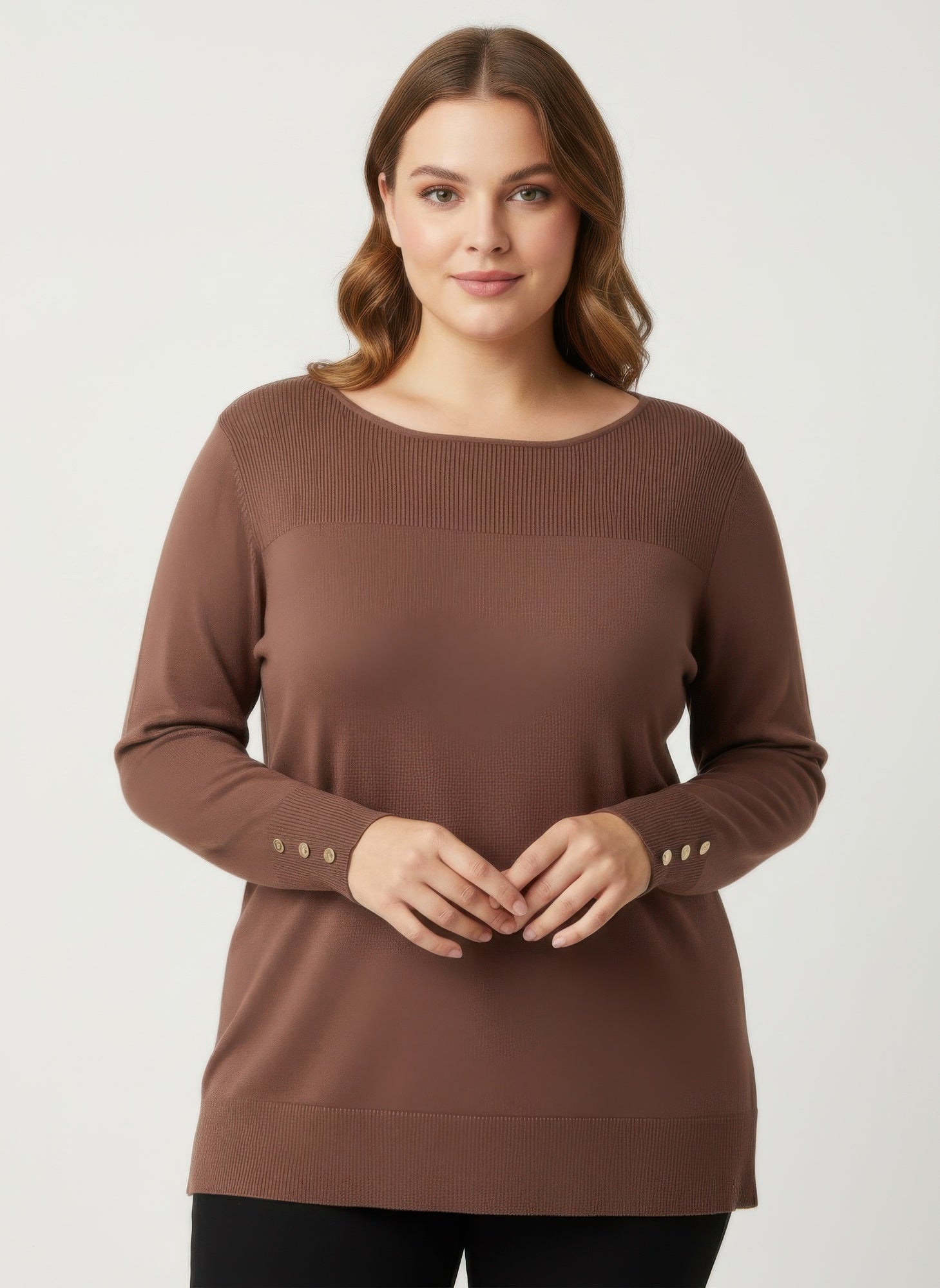 Mocha Button Cuff Ribbed Knit Tunic Top - Tigbul's Variety Fashion Shop
