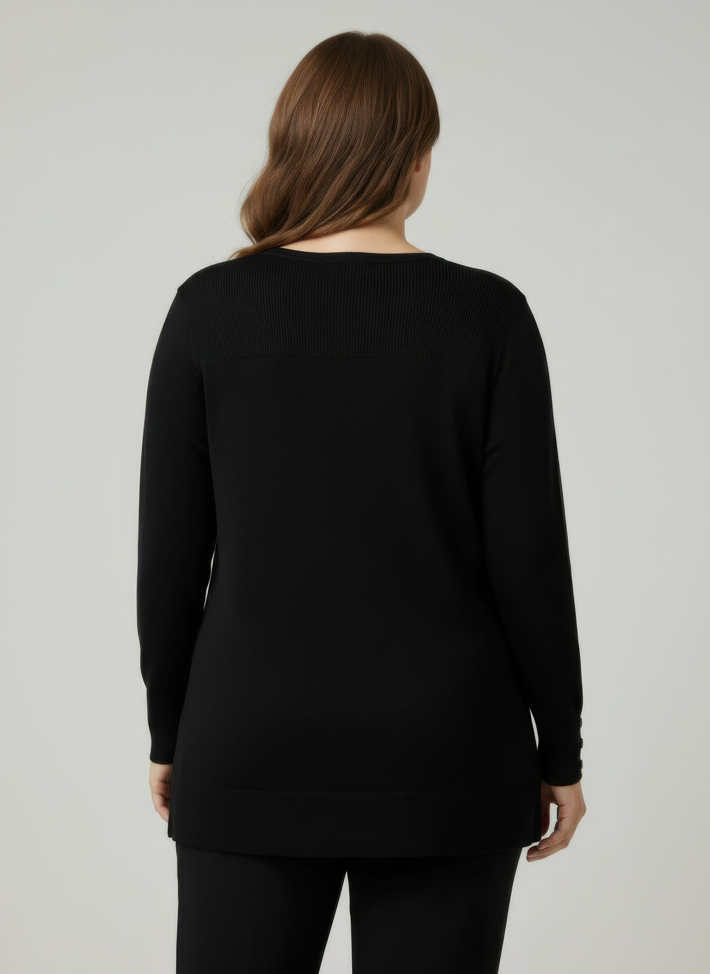 Ribbed knit tunic top, black; back view with ribbed crew neckline