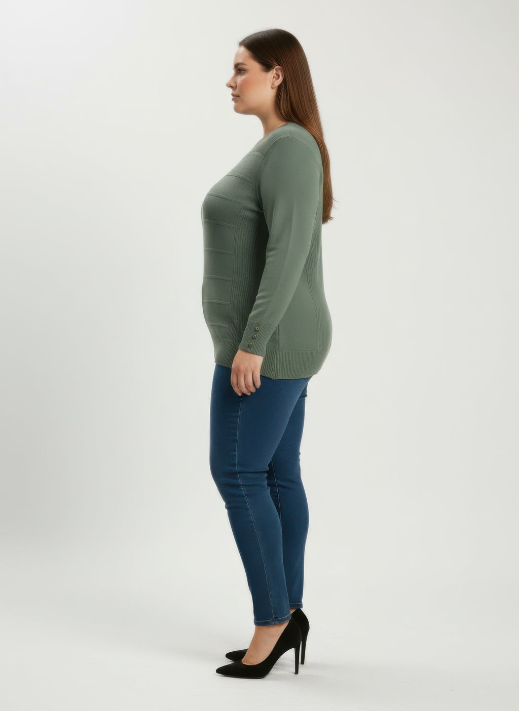 Olive green ribbed knit tunic with button cuffs