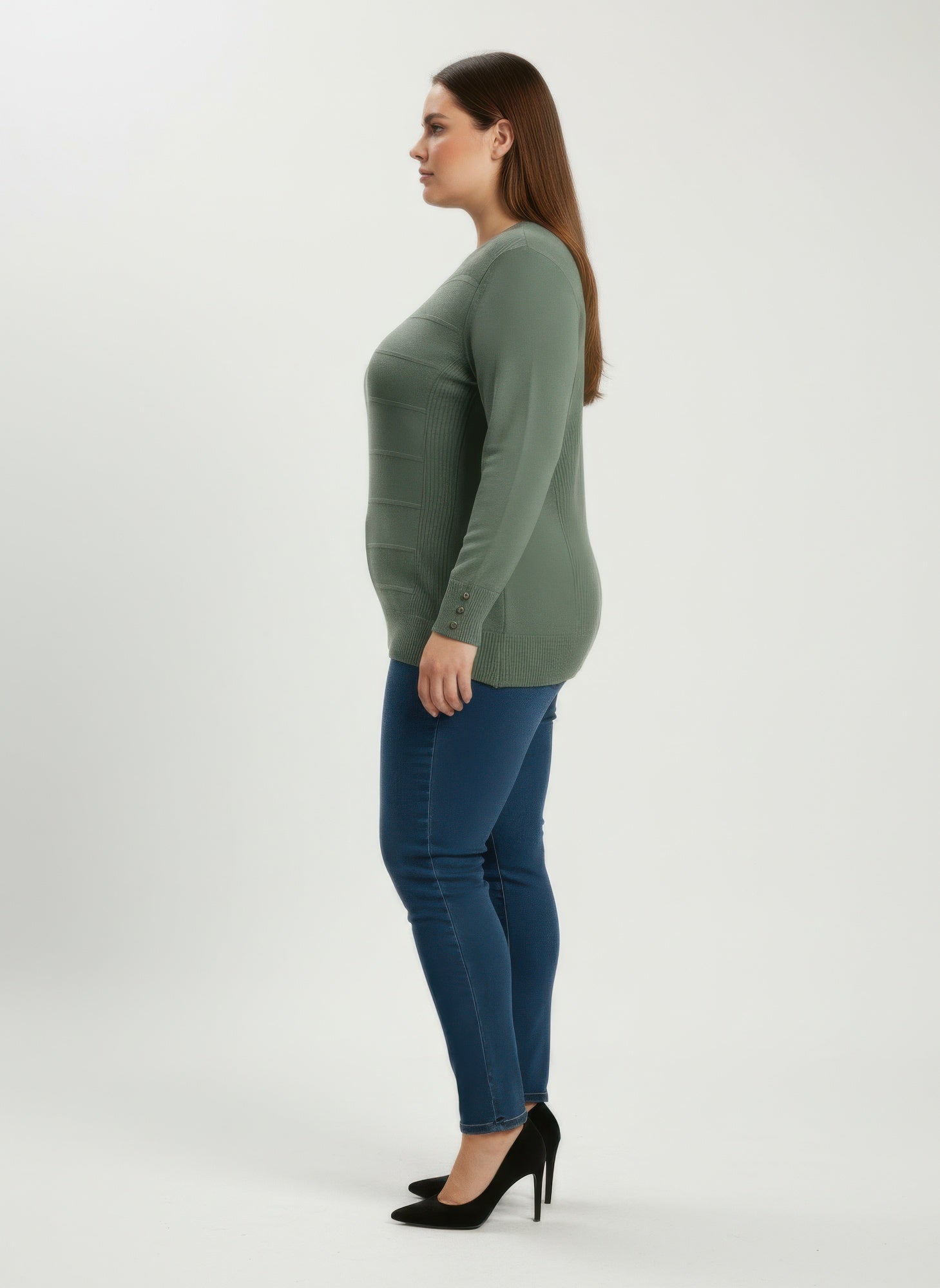 Olive green ribbed knit tunic with button cuffs