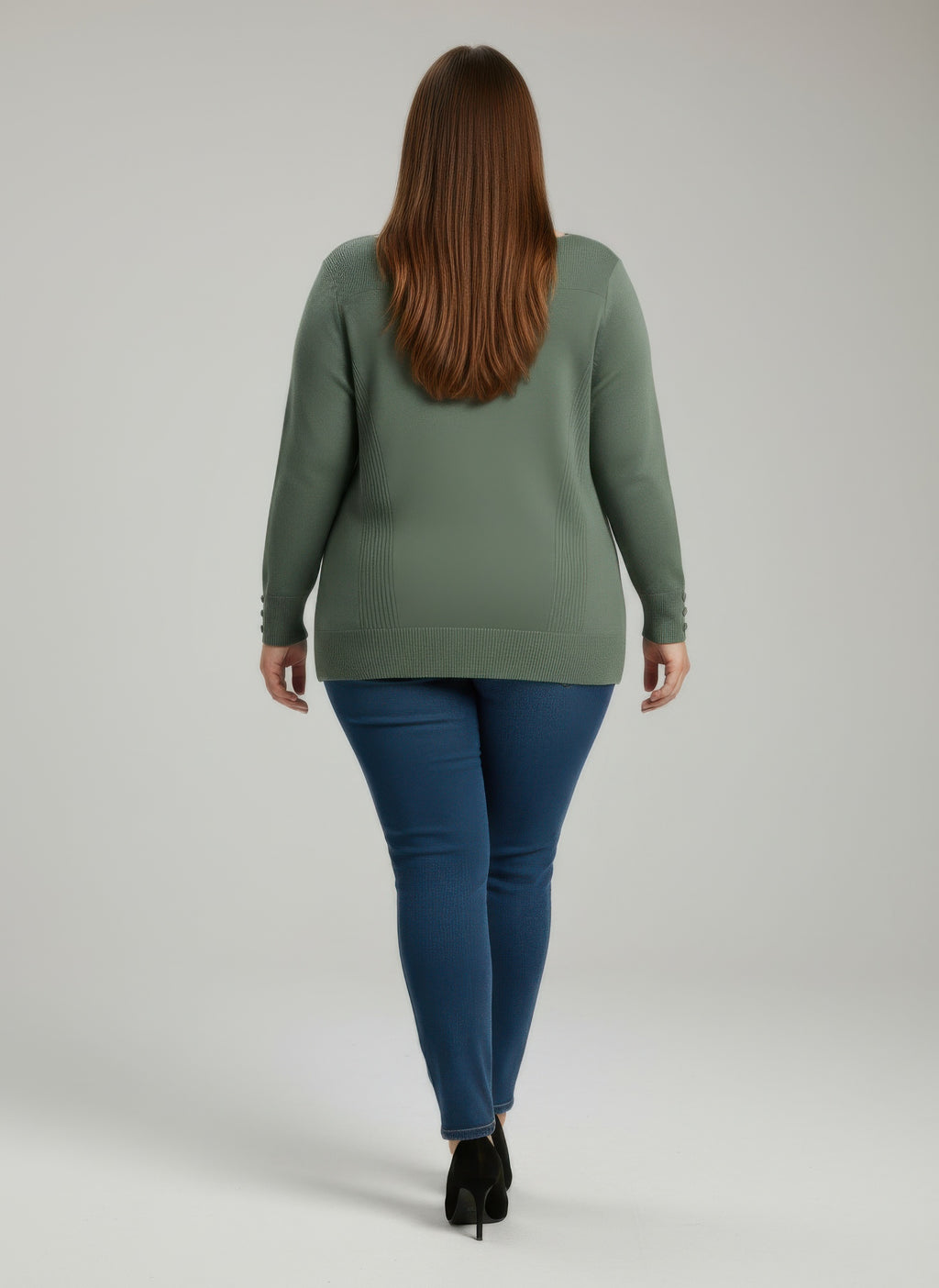 Back view: olive green ribbed knit tunic top with button cuffs