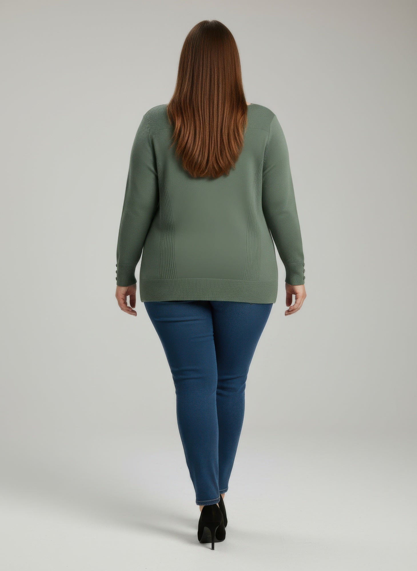 Back view: olive green ribbed knit tunic top with button cuffs