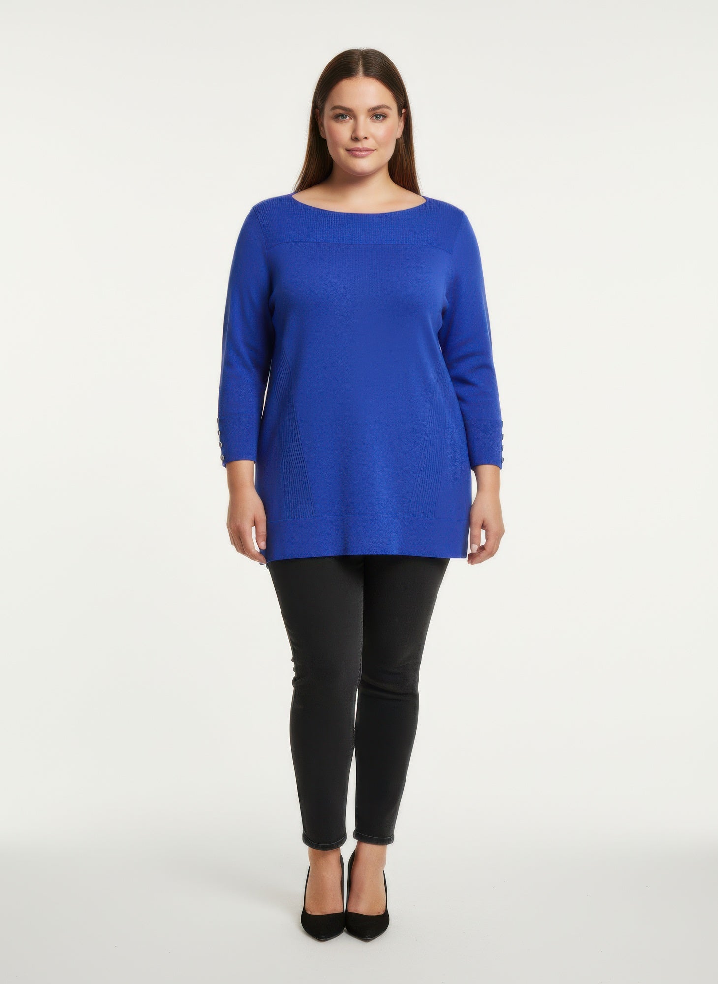 Ribbed knit tunic top, royal blue; 3/4 sleeves with buttoned rib cuffs