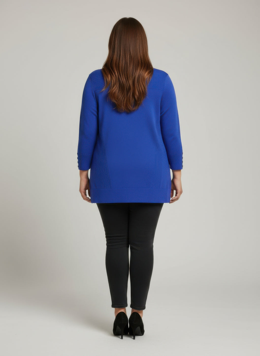 Ribbed knit tunic top, royal blue; back view with ribbed neckline and hem