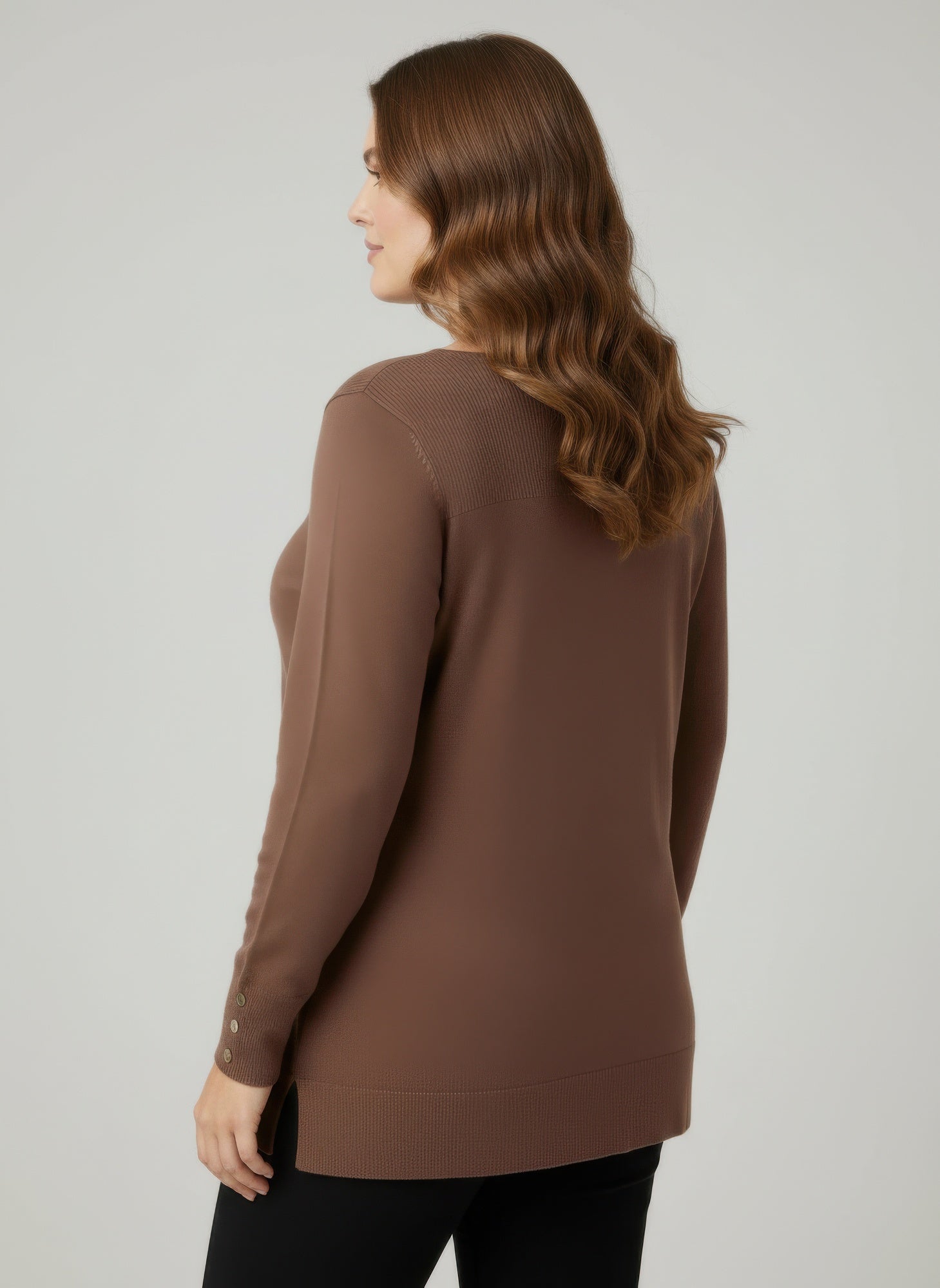 Ribbed knit tunic top, mocha brown; back side view with button cuff detail