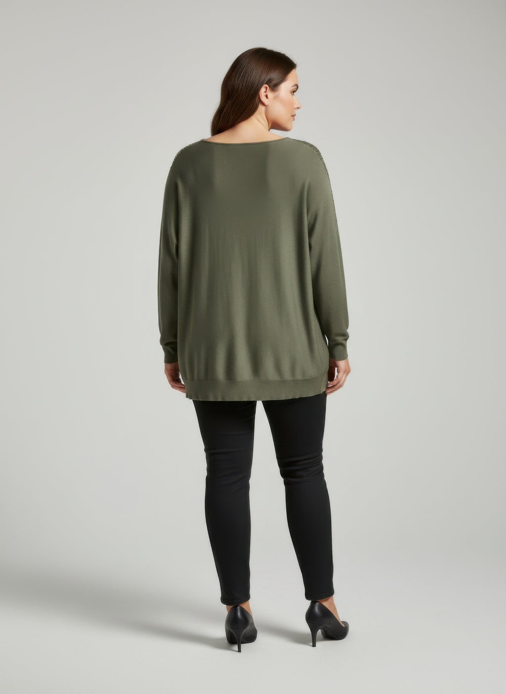 Green sequin shoulder knit tunic top, back view with relaxed long fit