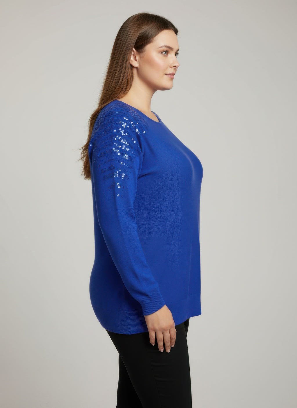 Royal blue tunic top with sequined shoulder detail and long sleeves