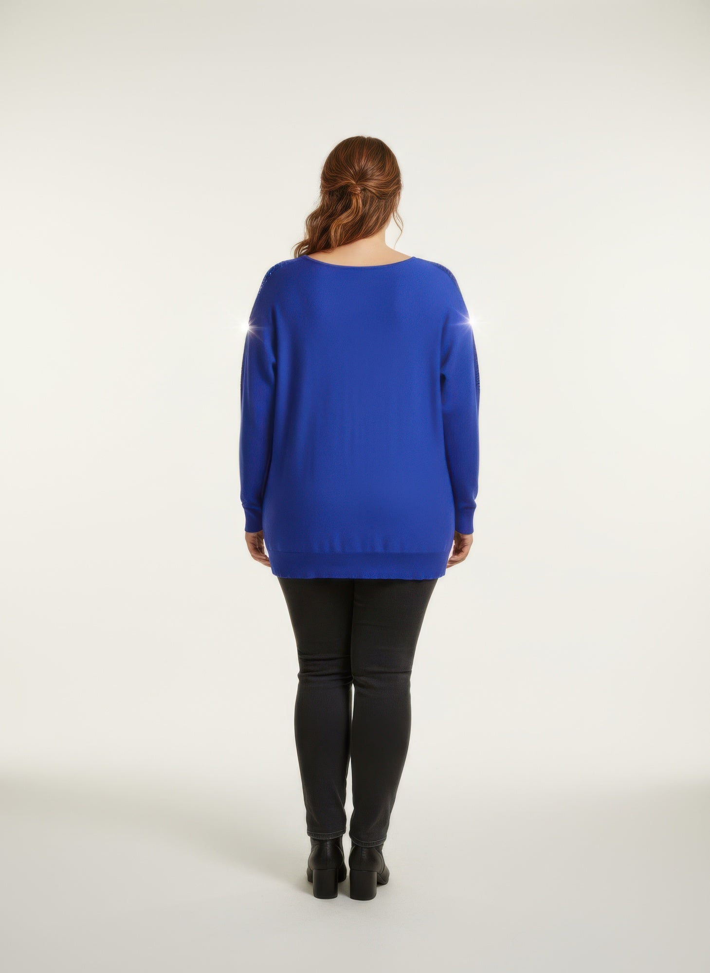 Royal blue sequin shoulder knit tunic top, back view with long sleeves