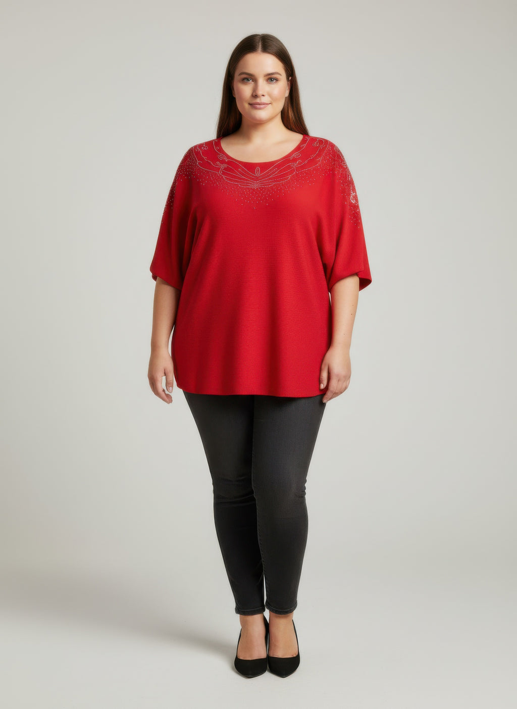 Red embellished neckline dolman sleeve tunic top