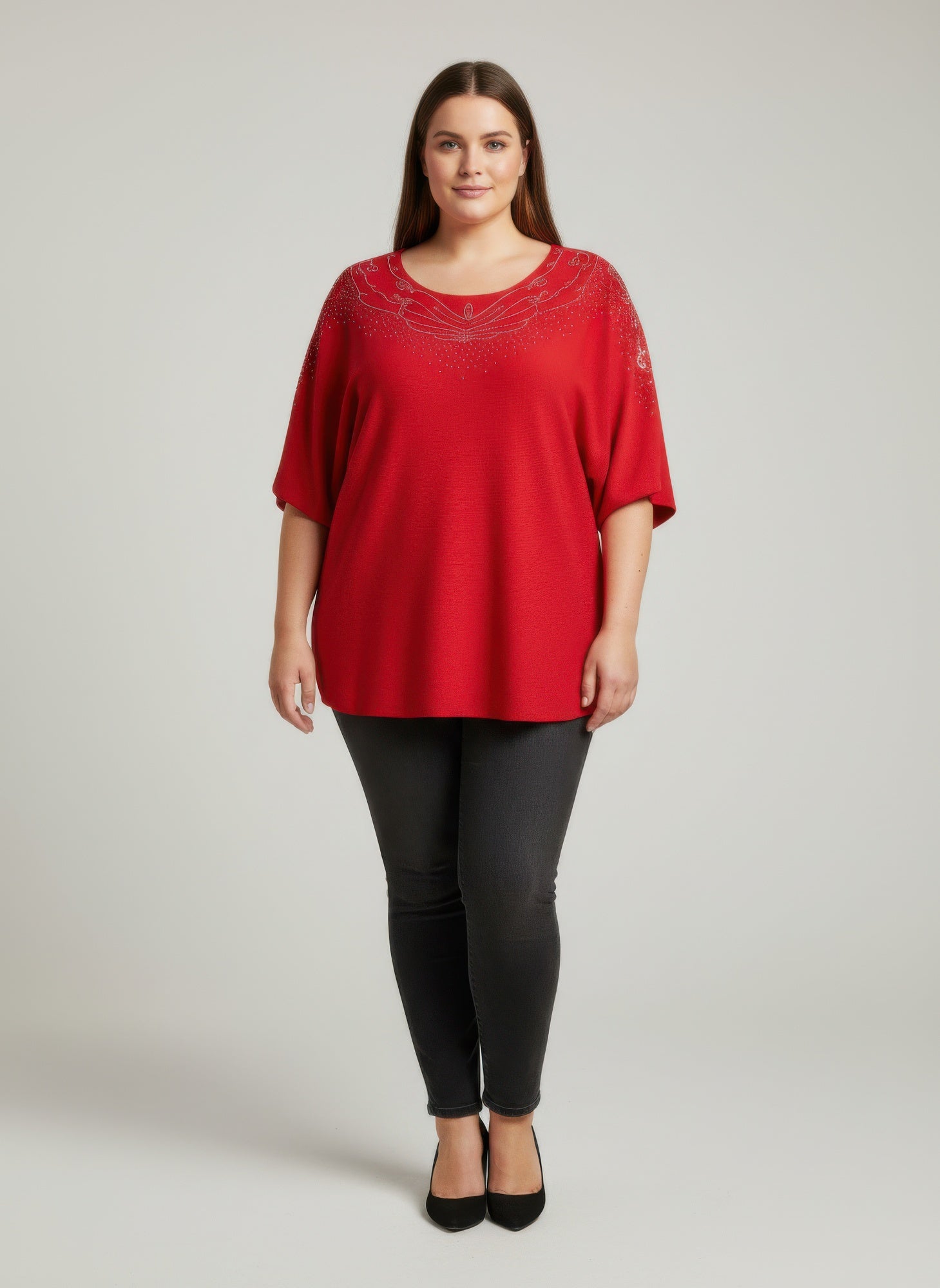 Red embellished neckline dolman sleeve tunic top