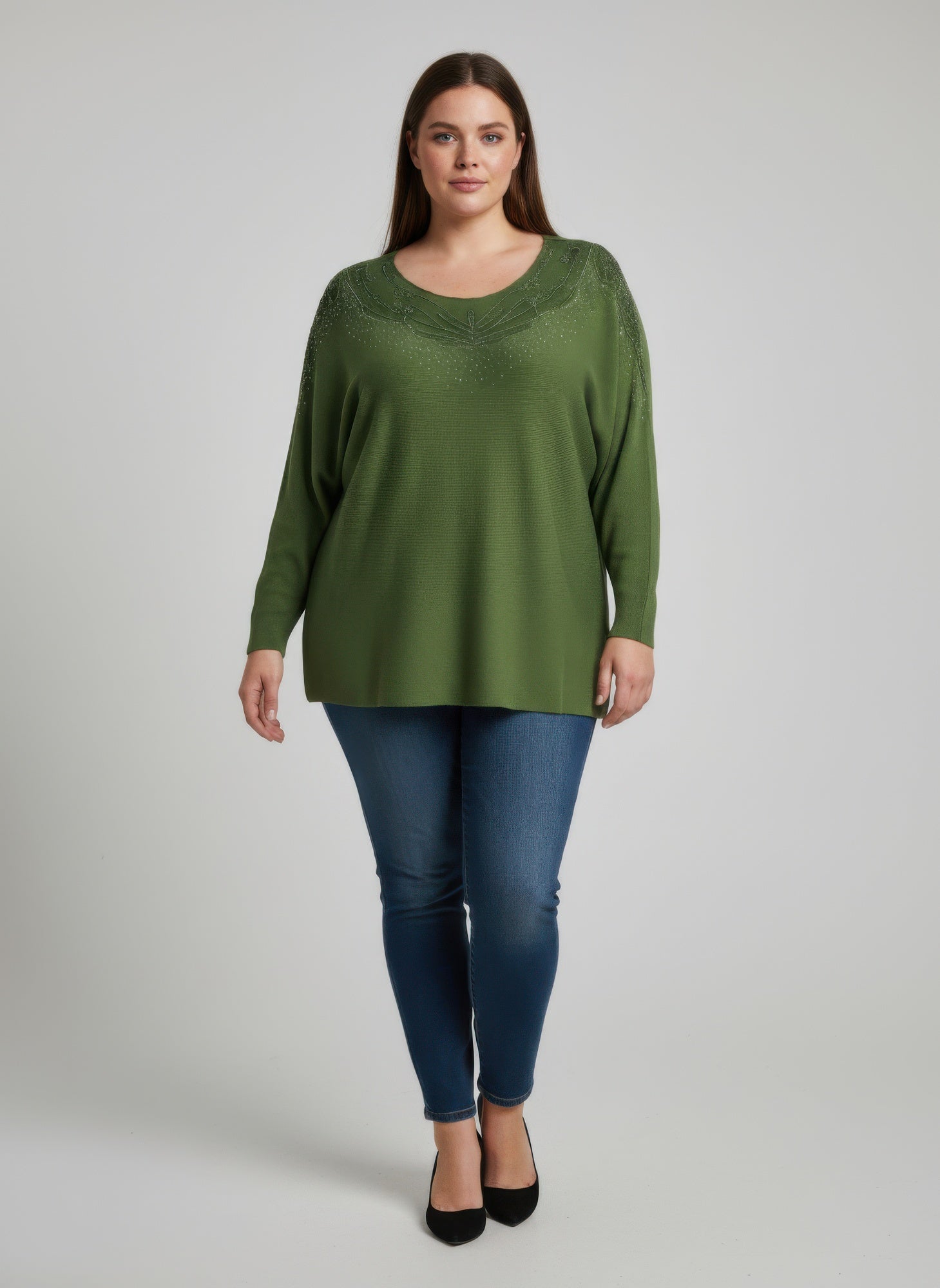 Scarlet Embellished Neckline Dolman Sleeve Tunic Top - Tigbul's Variety Fashion Shop