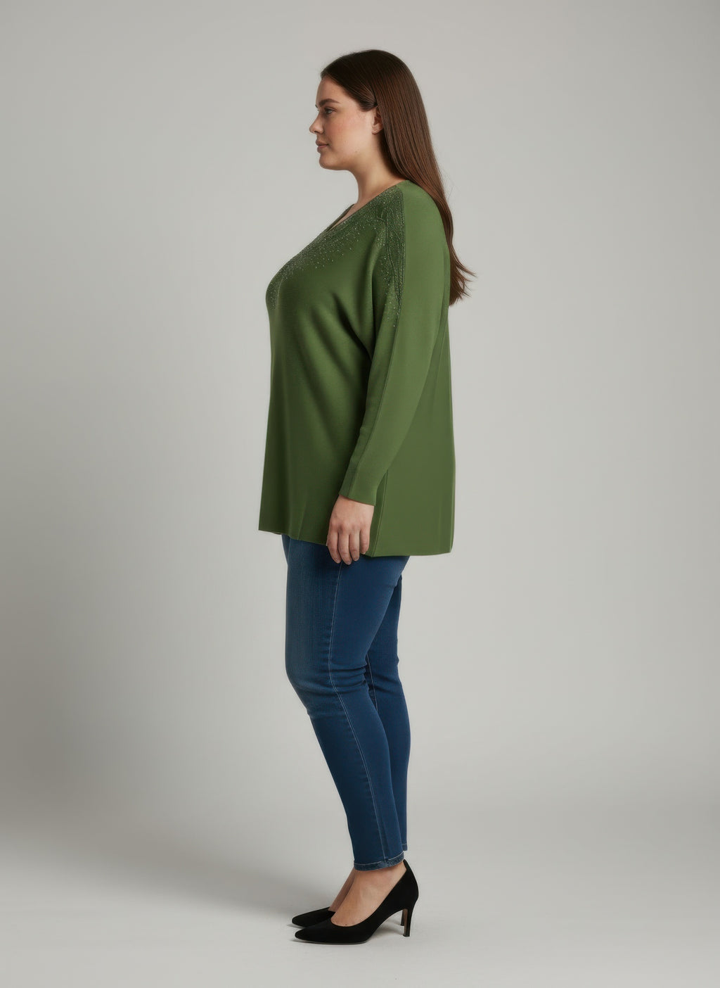 Olive dolman sleeve tunic top, side view, embellished neckline