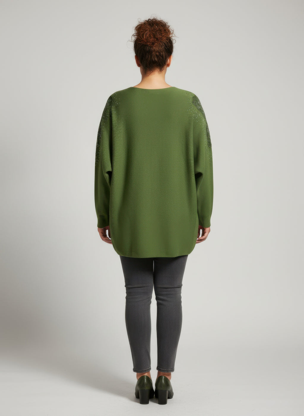 Olive dolman sleeve tunic top, back view