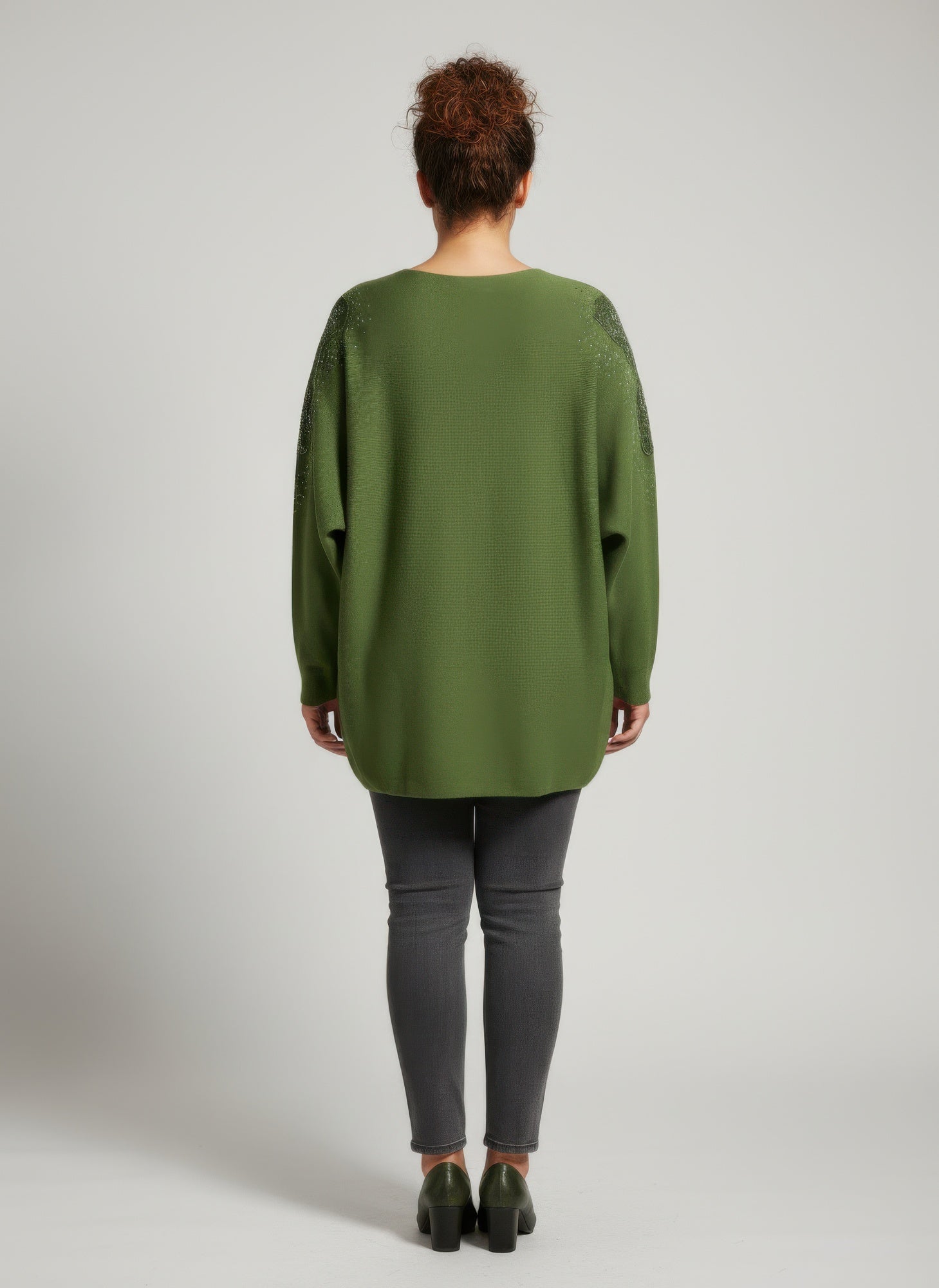 Olive dolman sleeve tunic top, back view