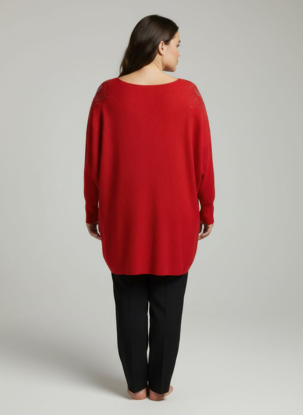 Red dolman sleeve tunic top, back view