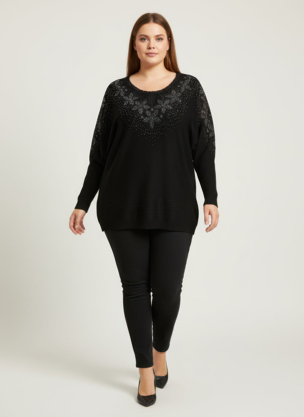 Black embellished knit tunic top with sparkly neckline and long sleeves