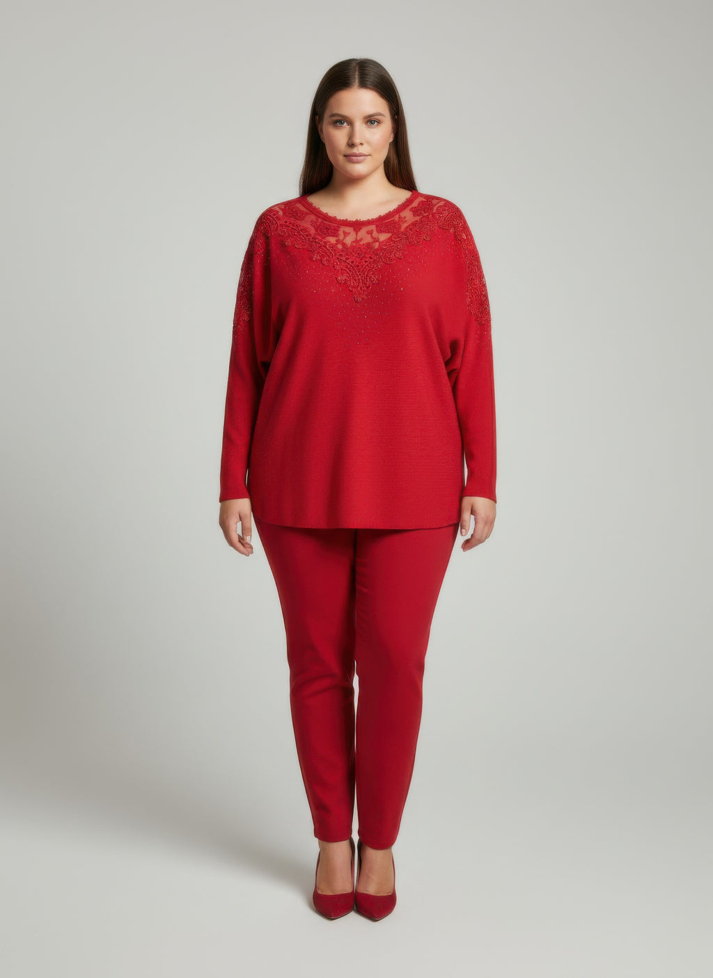 Crimson lace-embellished knit tunic top, red, crew neckline with decorative trim
