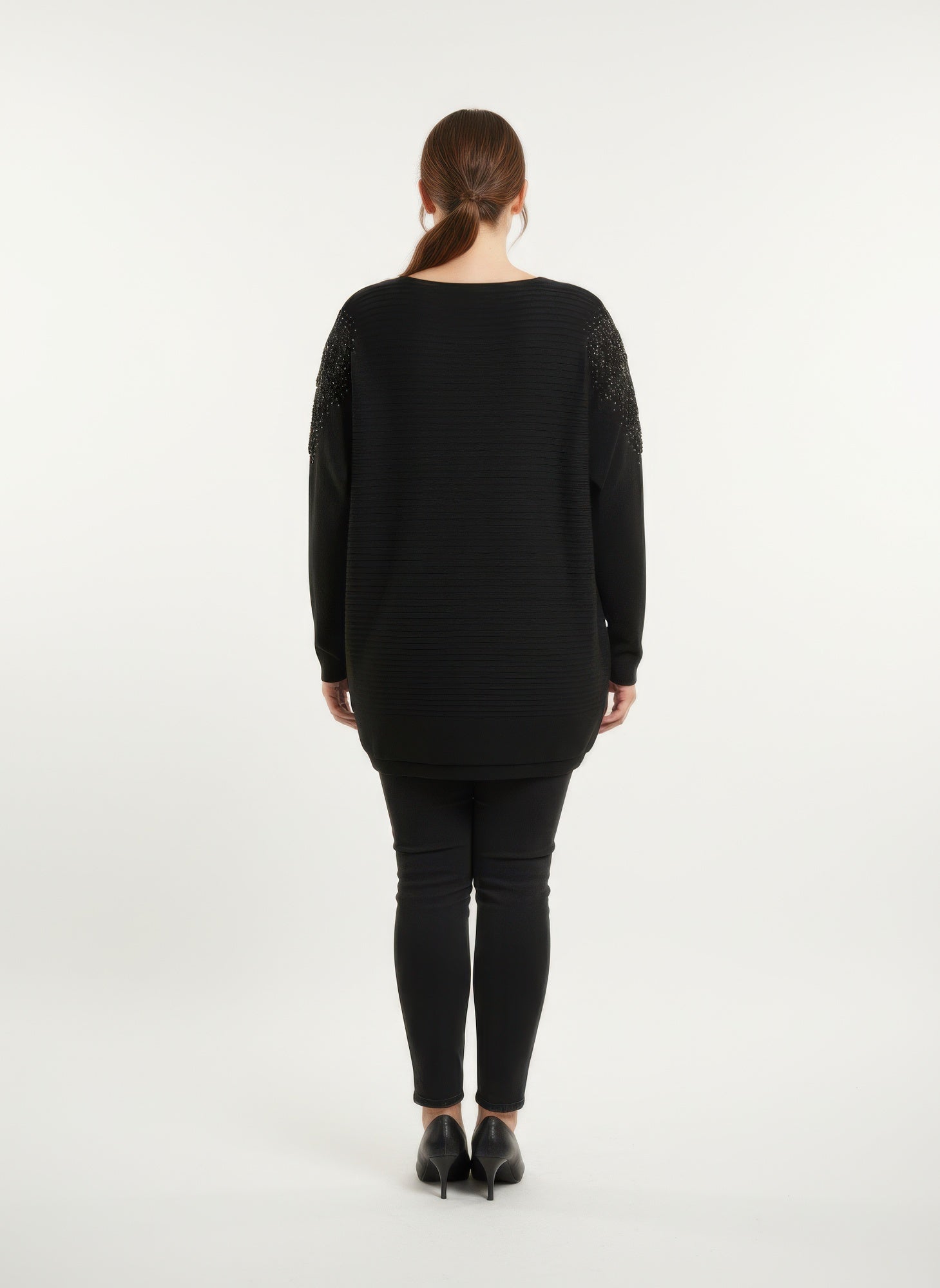 Black lace-embellished knit tunic top, ribbed knit back, relaxed fit