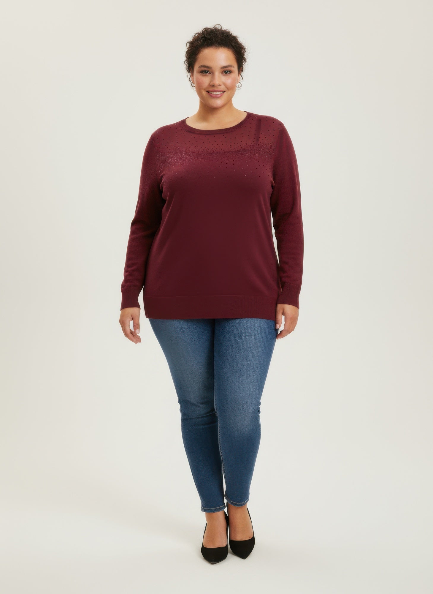 Burgundy shimmer knit tunic top, crew neck, long sleeves