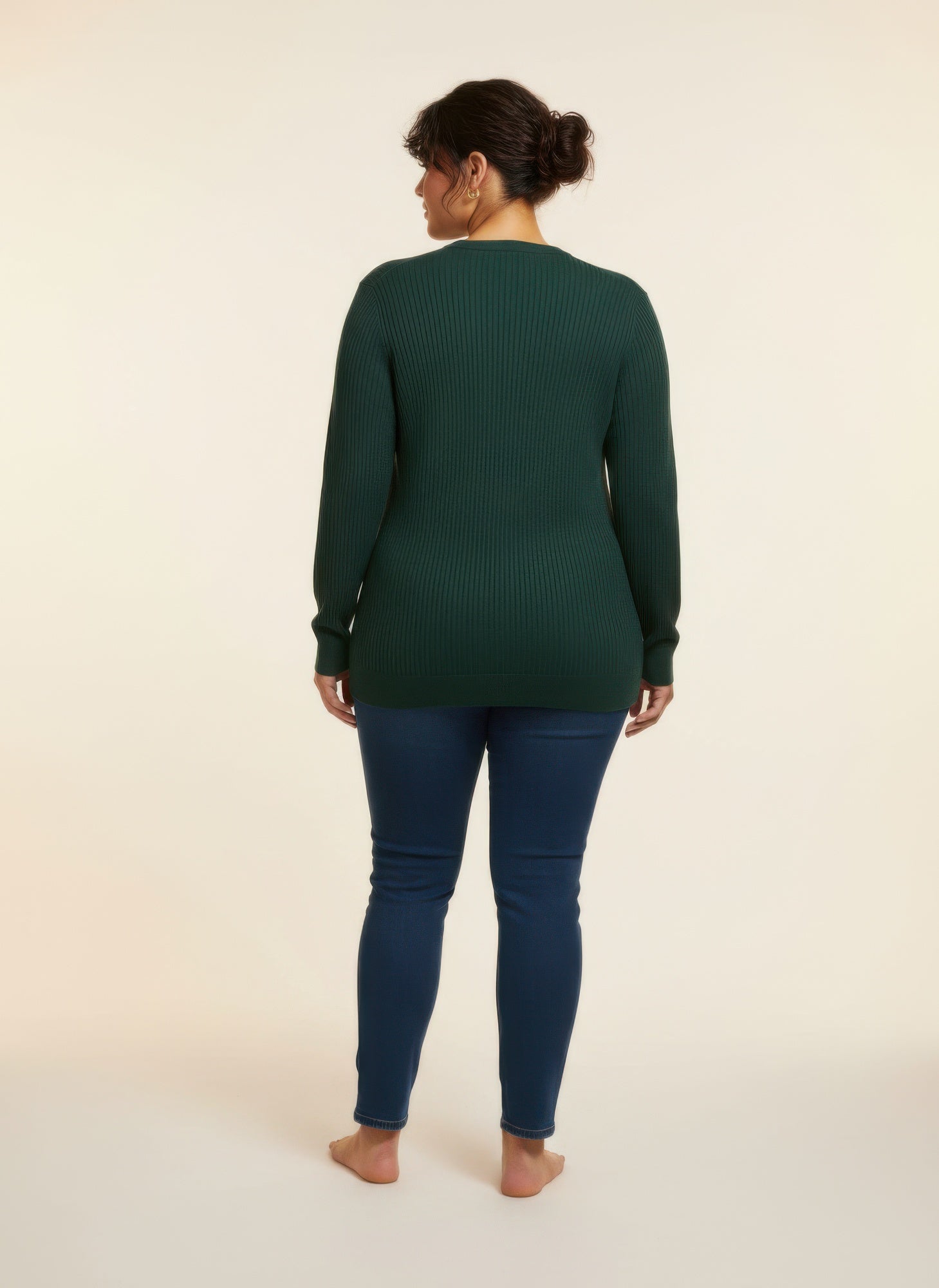 Green knit tunic top, ribbed back panel, long sleeves
