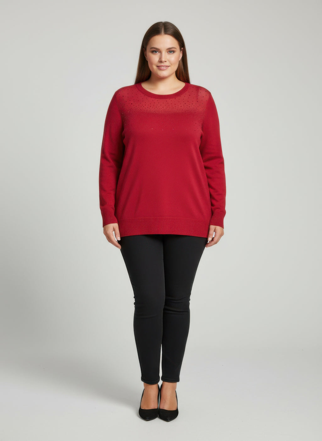 Burgundy knit tunic top with subtle shimmer specks, long sleeves, crew neck