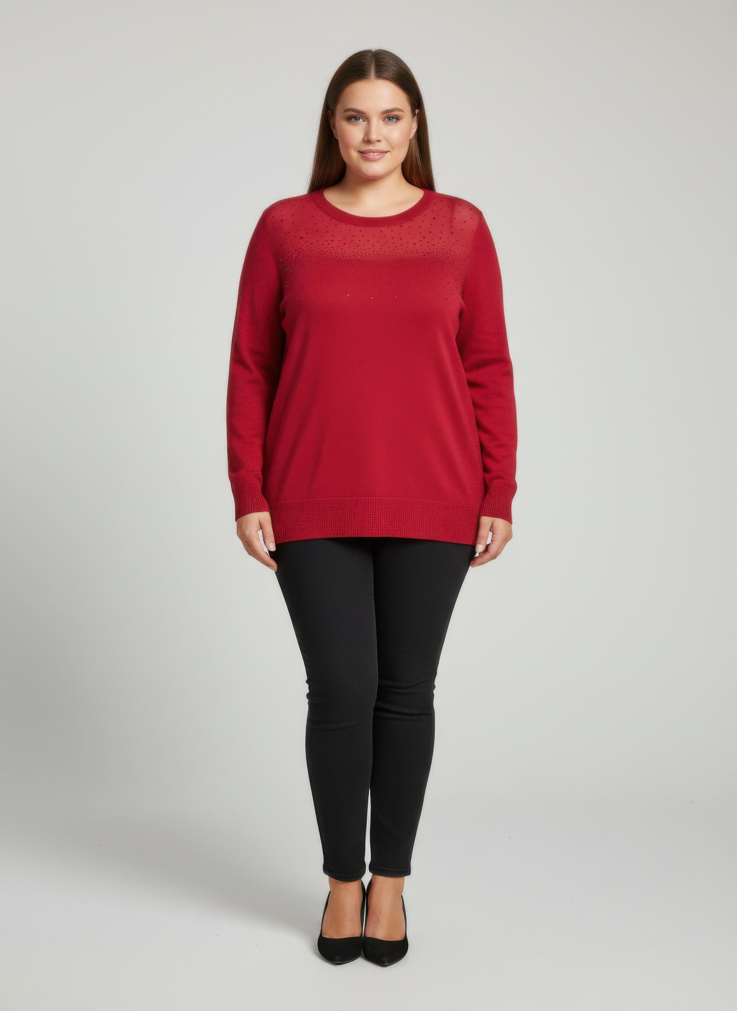 Burgundy knit tunic top with subtle shimmer specks, long sleeves, crew neck