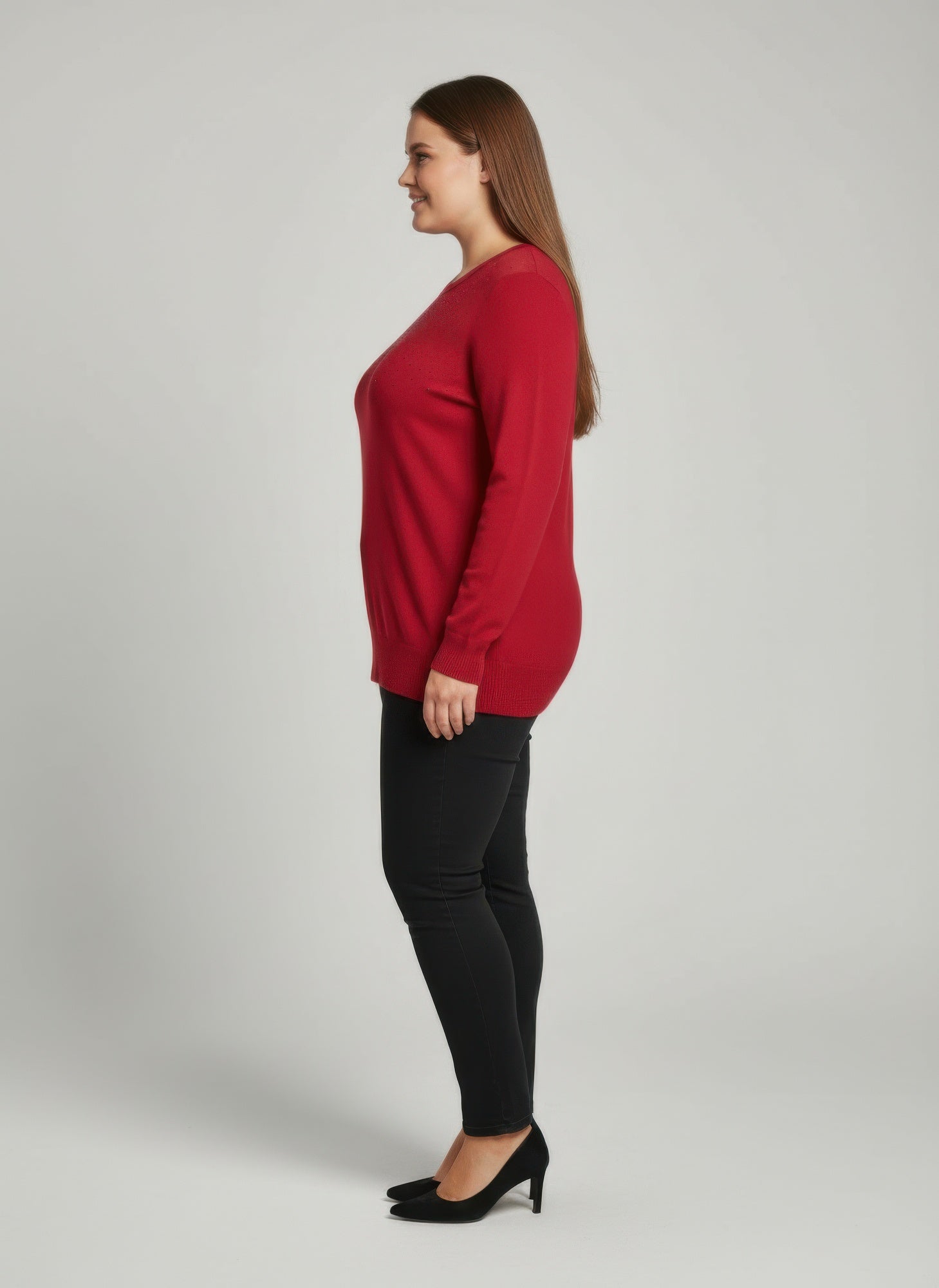 Burgundy shimmer detail knit tunic top, long sleeves, side profile