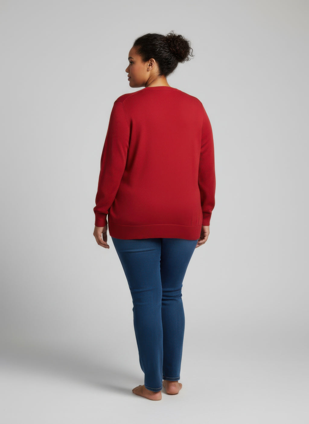 Burgundy knit tunic top, back view, long sleeves and crew neckline