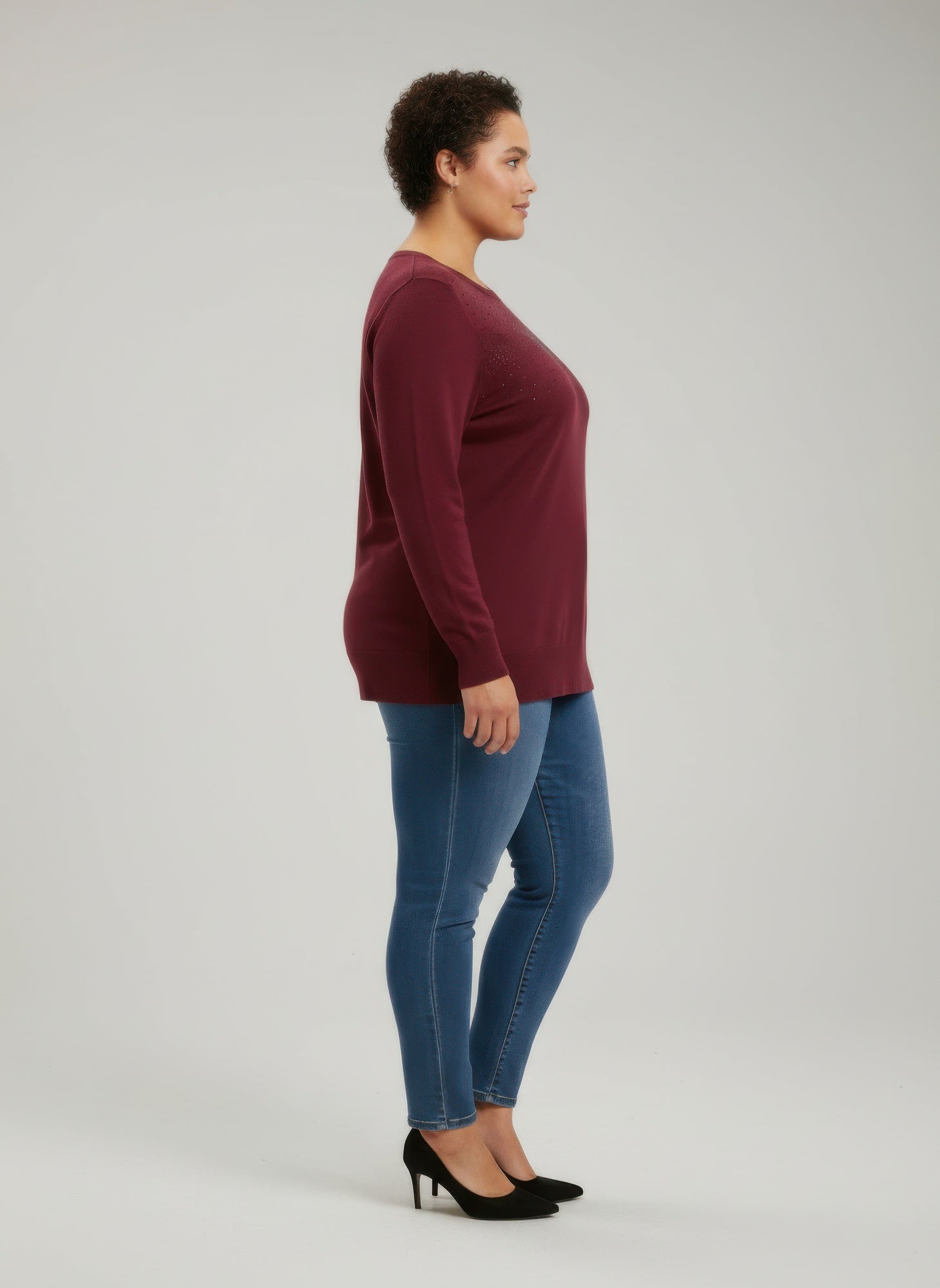 Burgundy knit tunic top, long sleeves, subtle shimmer texture
