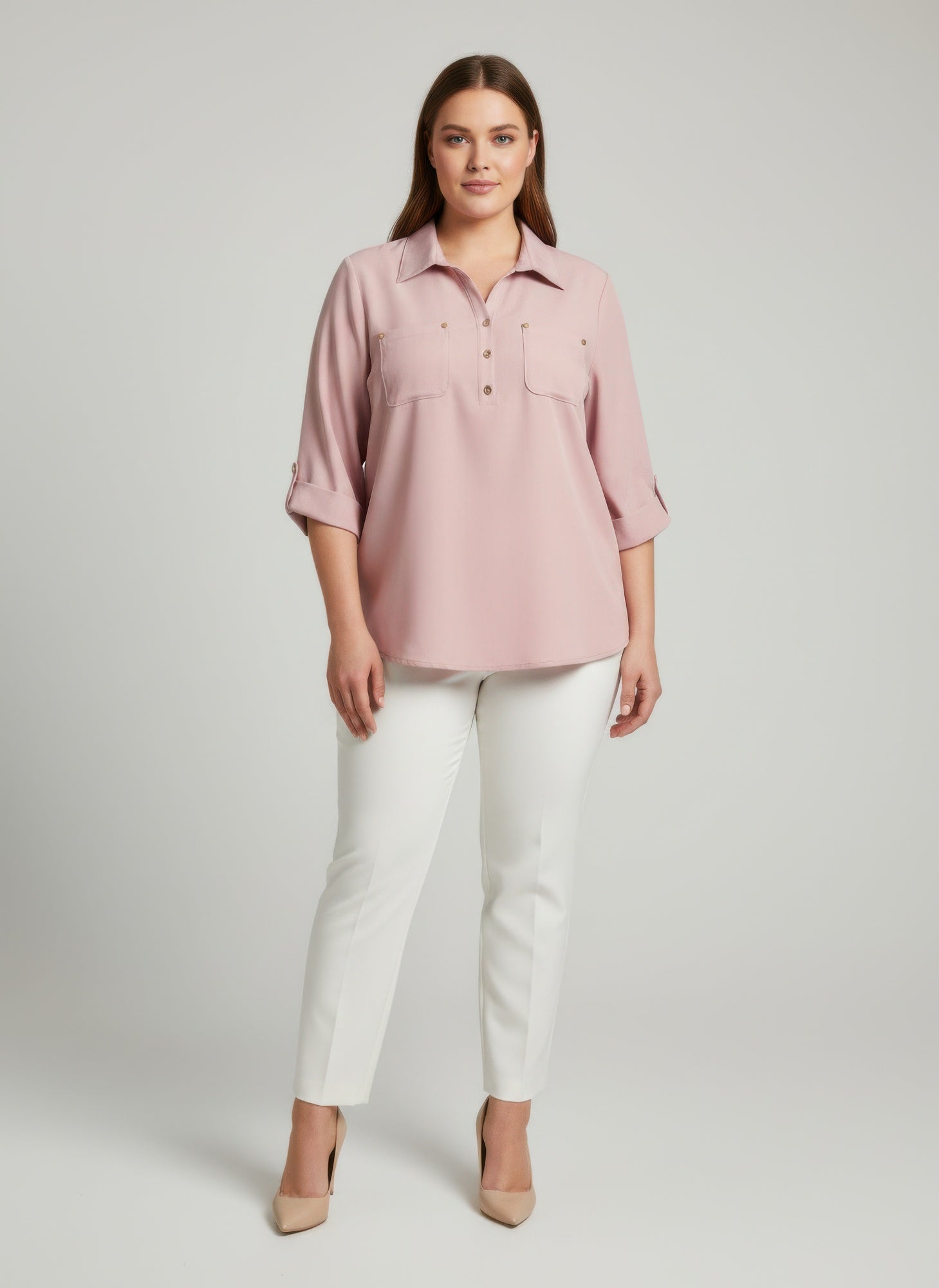 Blush pink utility button-front blouse with roll sleeves and chest pockets