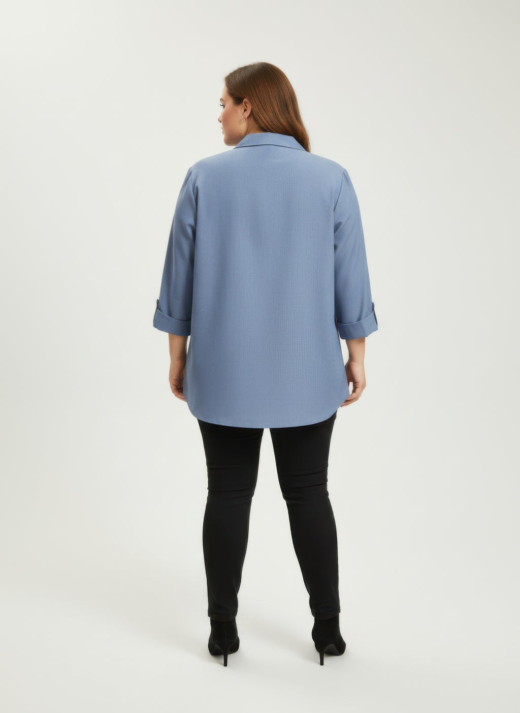 Blue button-front blouse with roll sleeves, back view