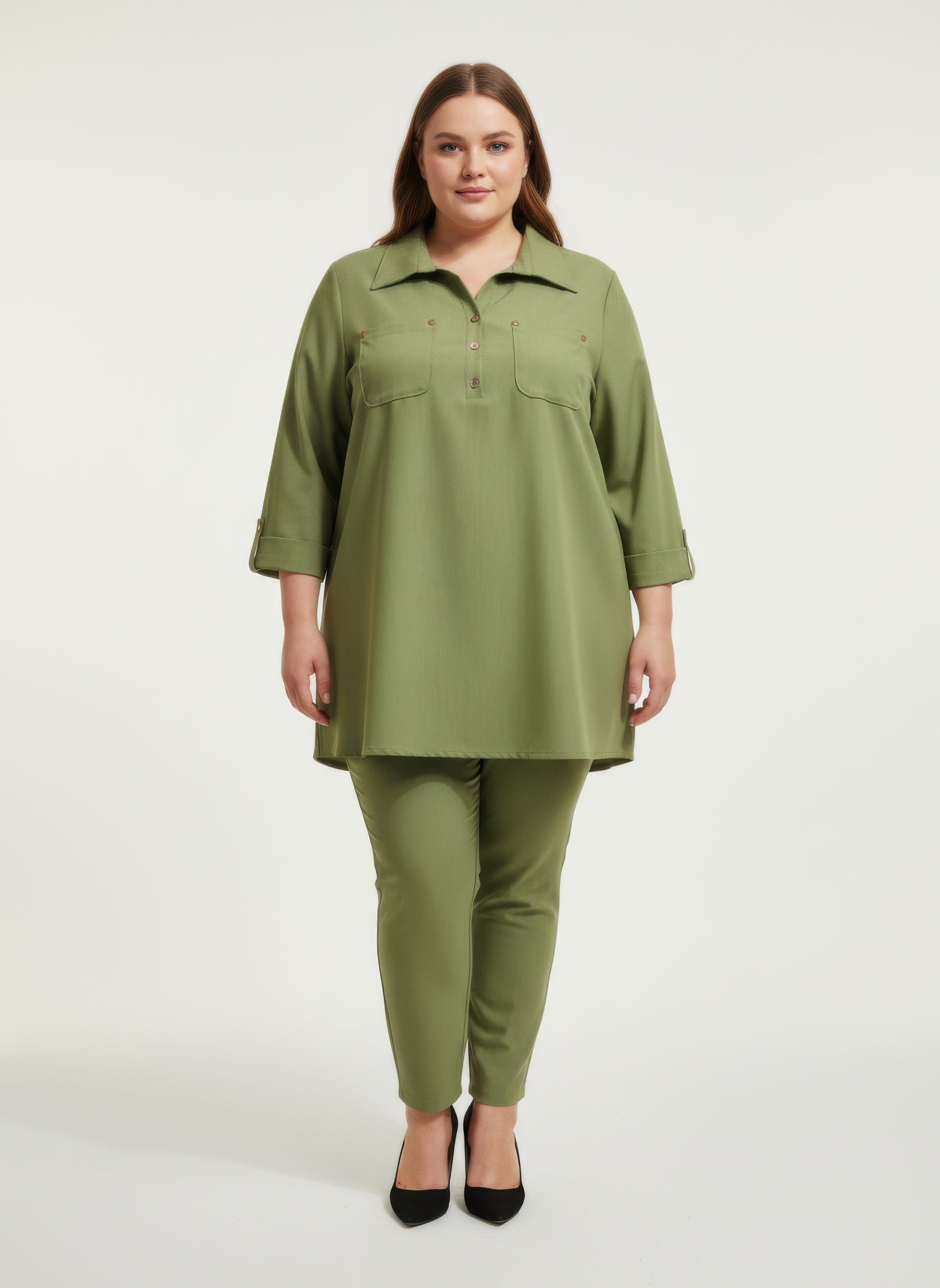Utility button-front blouse in olive with roll sleeves and chest pockets