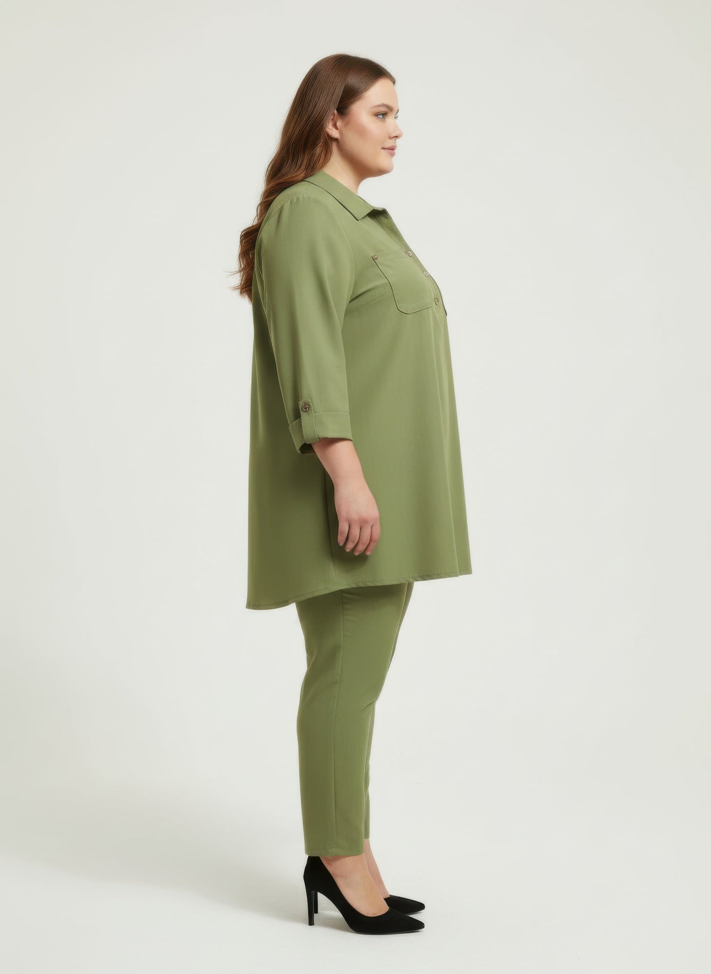 Olive button-front blouse with roll sleeves, side view