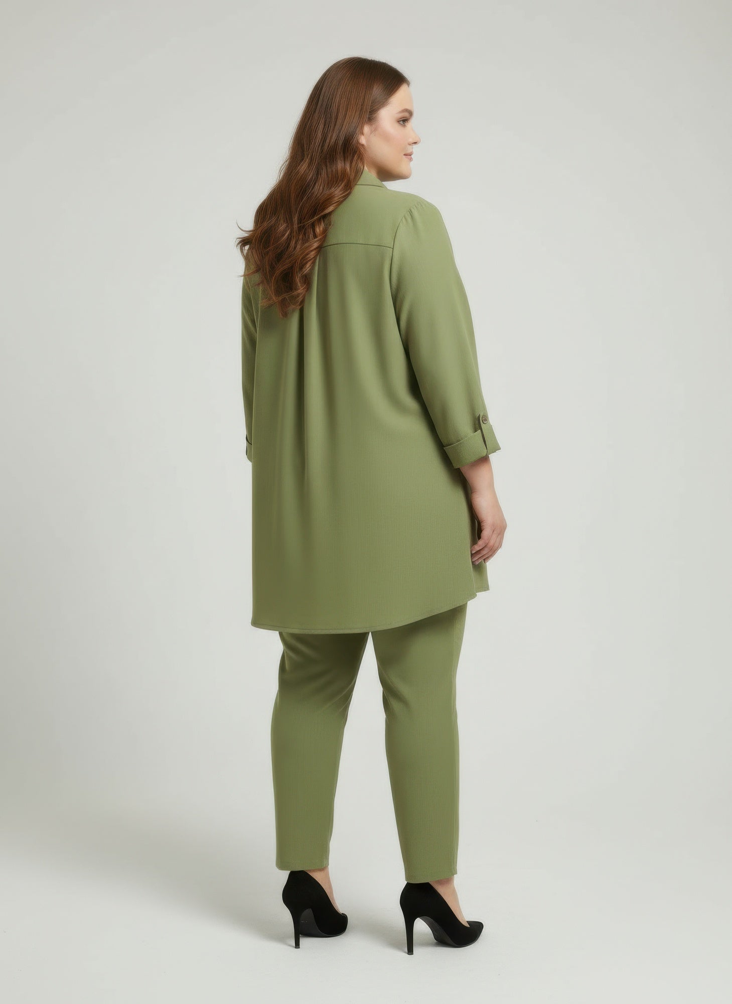 Olive button-front blouse with roll sleeves, back view