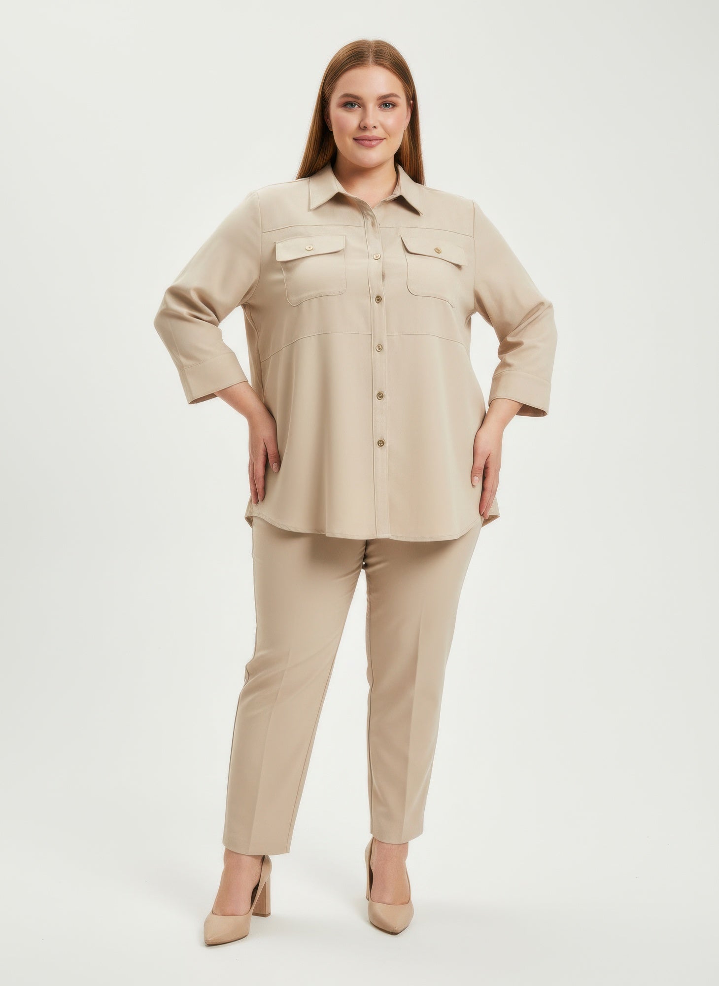 Sand utility button-front tunic shirt with collar and flap chest pockets, 3/4 sleeves