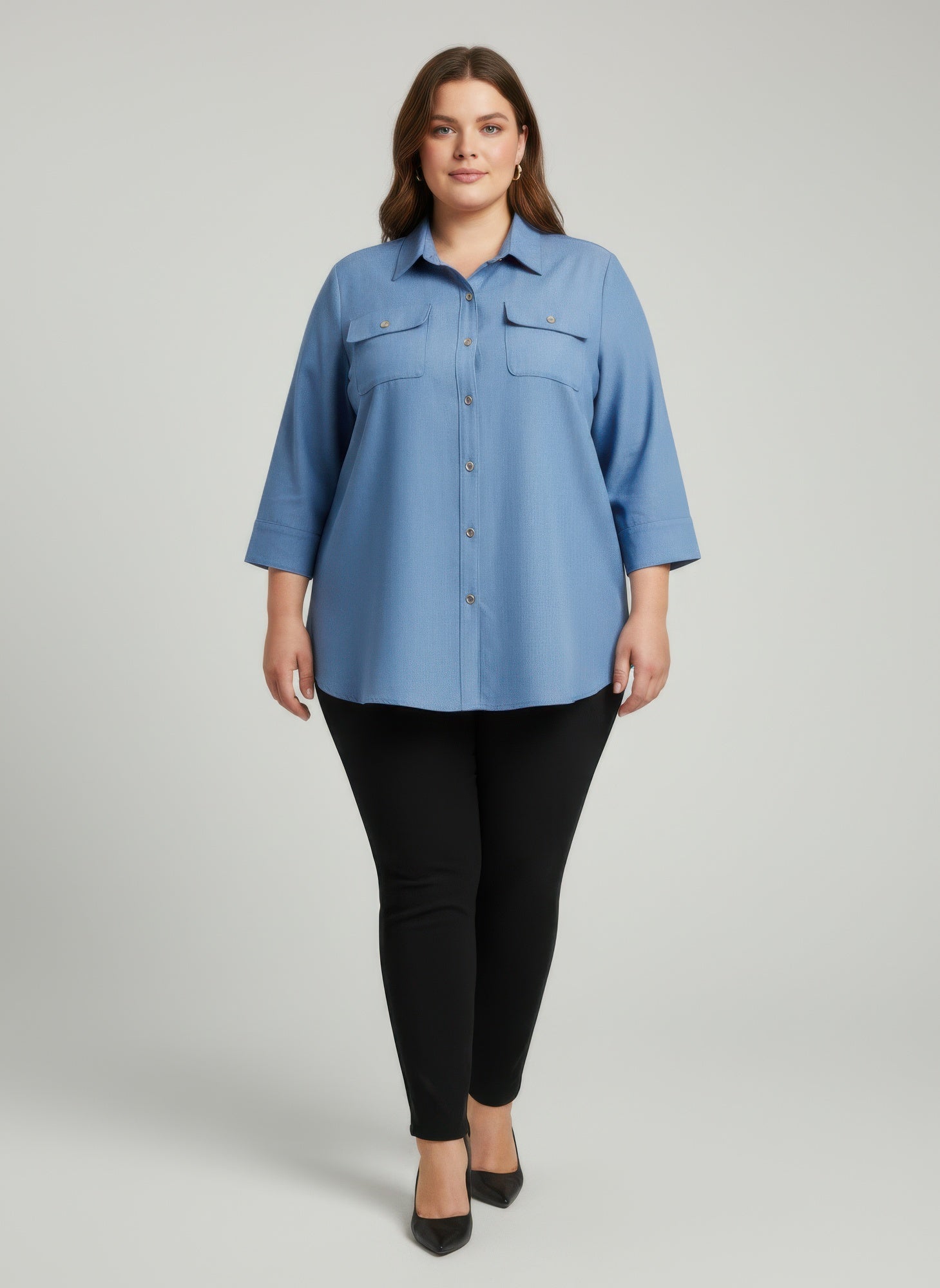Blue utility button-front tunic shirt with collar and flap chest pockets, 3/4 sleeves